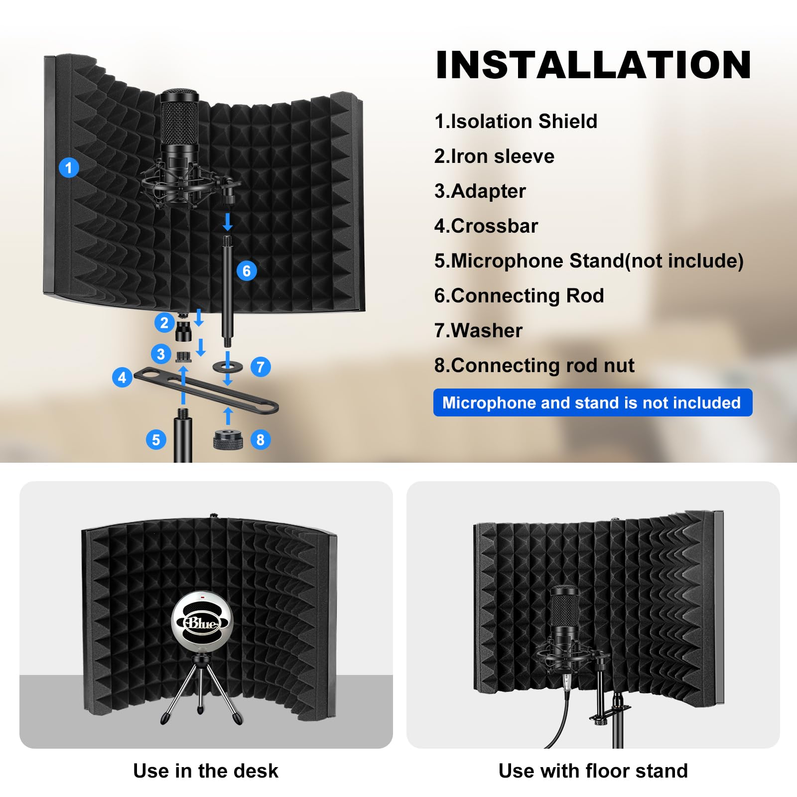 Aokeo Professional Studio Recording Microphone Isolation Shield,Suitable For Blue Yeti And Any Condenser Microphone Recording Eq