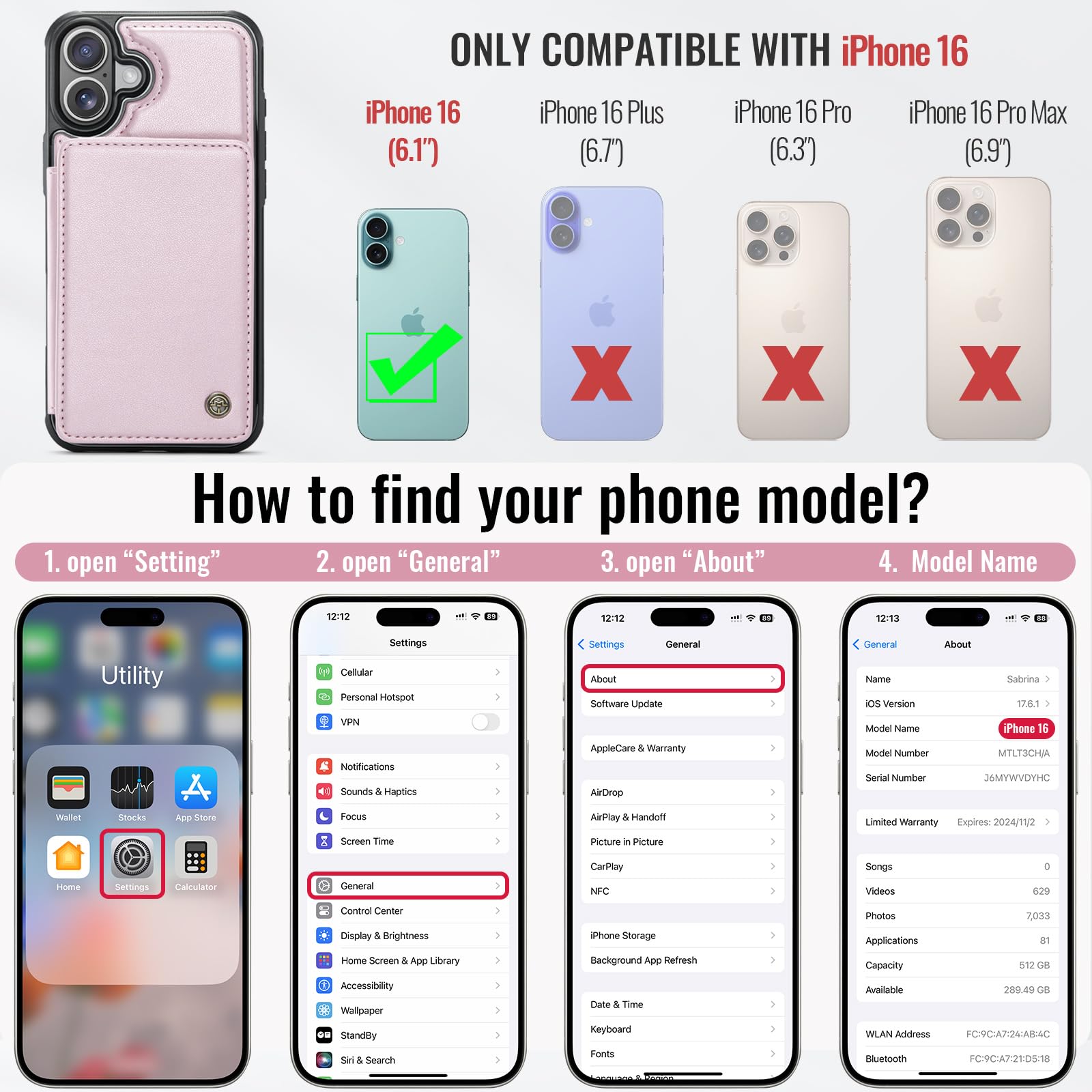 Vinich For Iphone 16 6.1'' Wallet Case With Card Holder, Rfid Blocking For Iphone 16 Case For Women Men, Durable Kickstand Shock