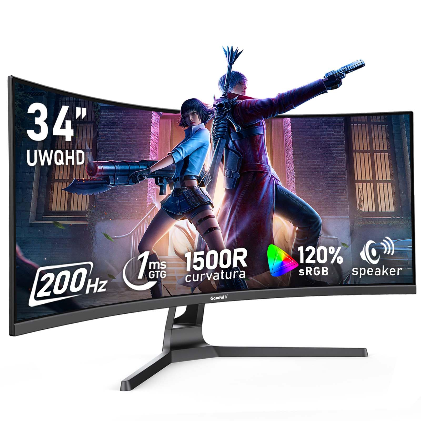 Gawfolk 34 Inch Ultrawide Curved 200Hz Gaming Computer Monitor,1500R PC Screen 21:9 UWQHD (3440x1440),120% sRGB,Adaptive Sync,Bu