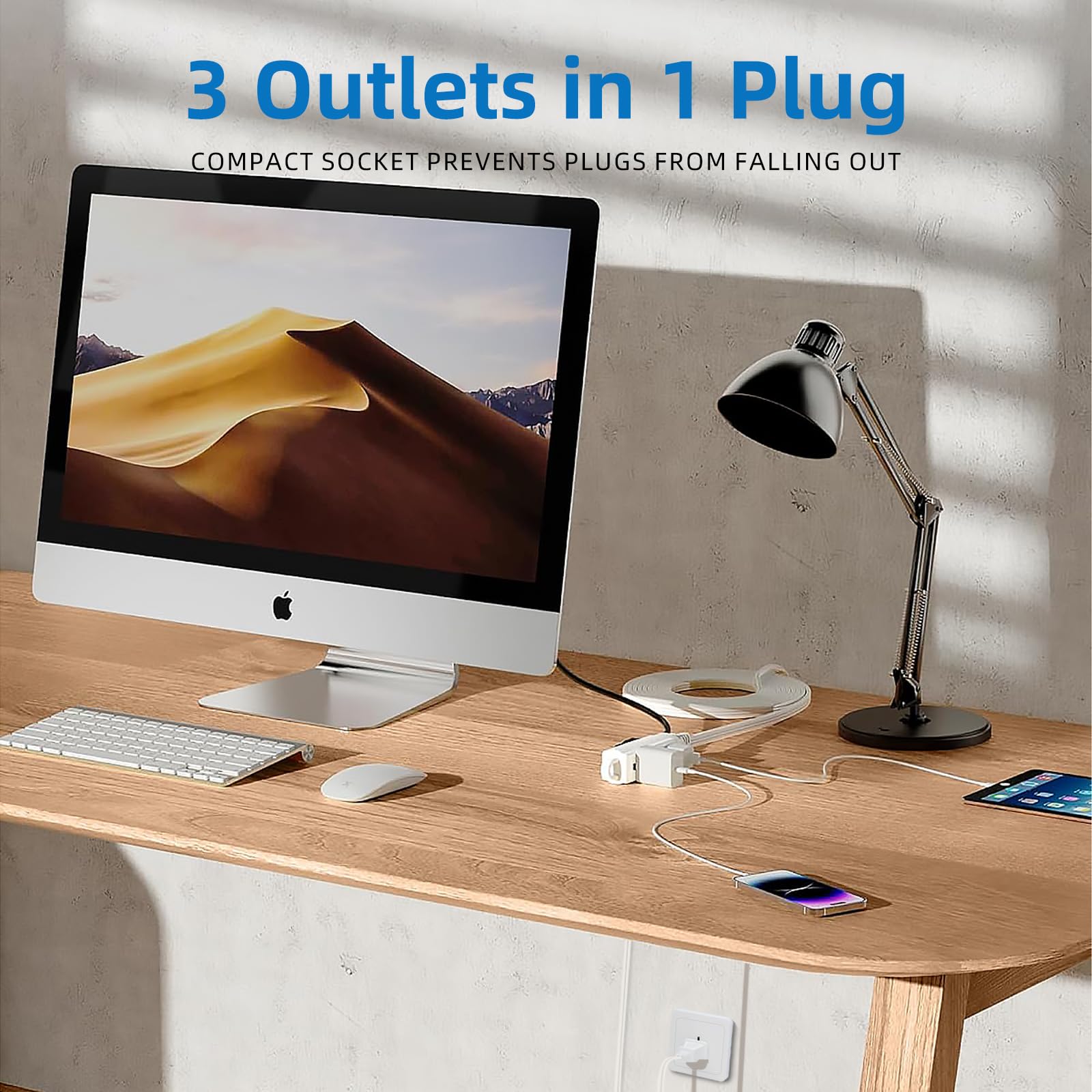 Indoor Extension Cord, 2 Prong 12 Feet Extension Cord, 3 Polarized Outlets With Safety Slide Windows,13A/1625W, 16 Awg, 2 Pack