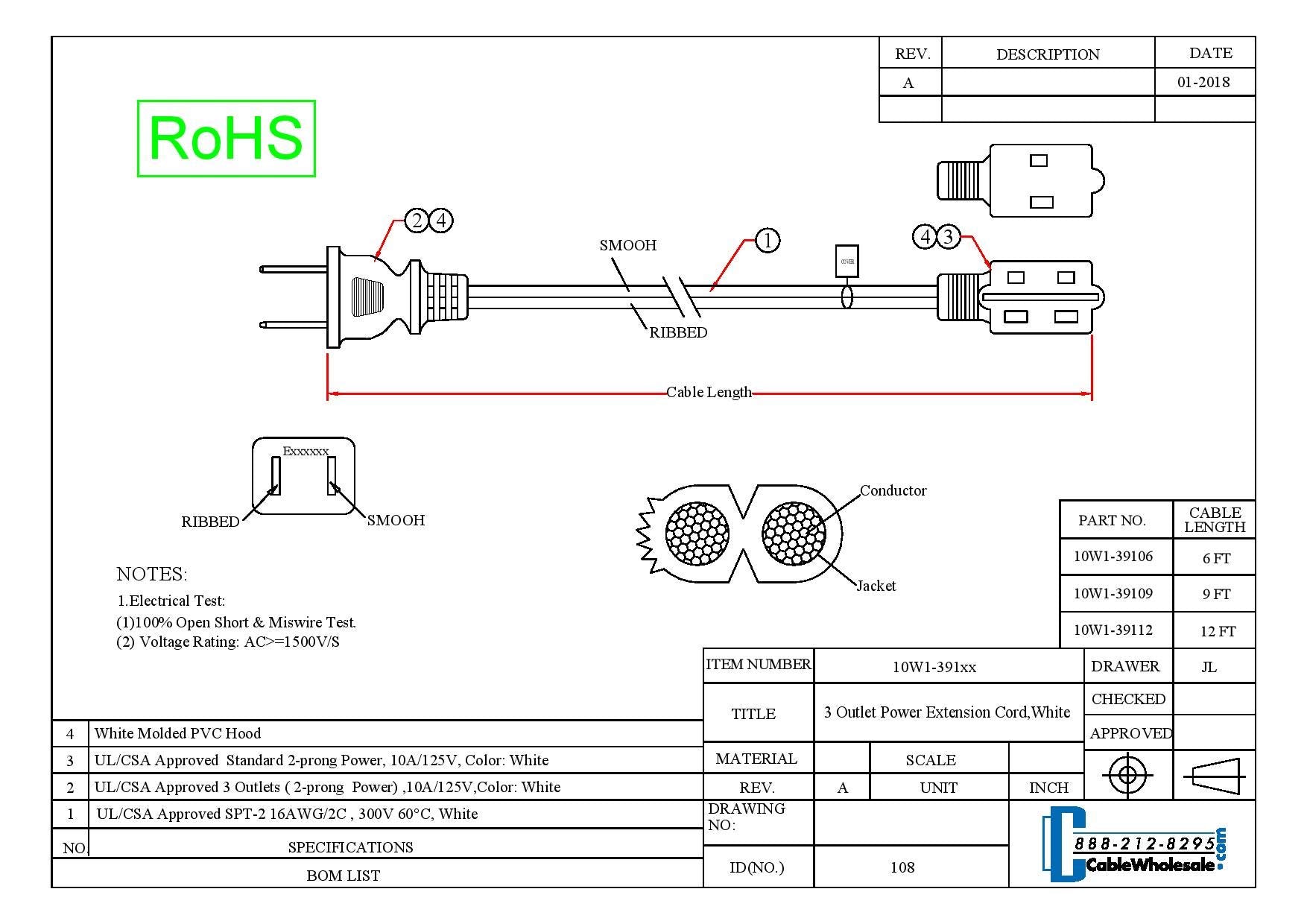 9 Feet Indoor Polarized Power Extension Cord, Power Extension Cable, Nema 1 15P To 3 X Nema 1 15R, Ul/Csa, White, 16 Awg, 13 Amp