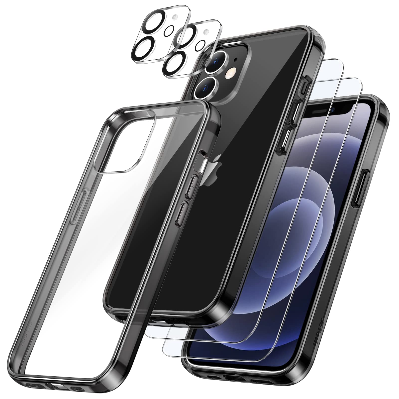 JETech 5 in 1 Case for iPhone 12 6.1-Inch, with 2-Pack Screen Protector and Camera Lens Protector, Non-Yellowing Shockproof Bump