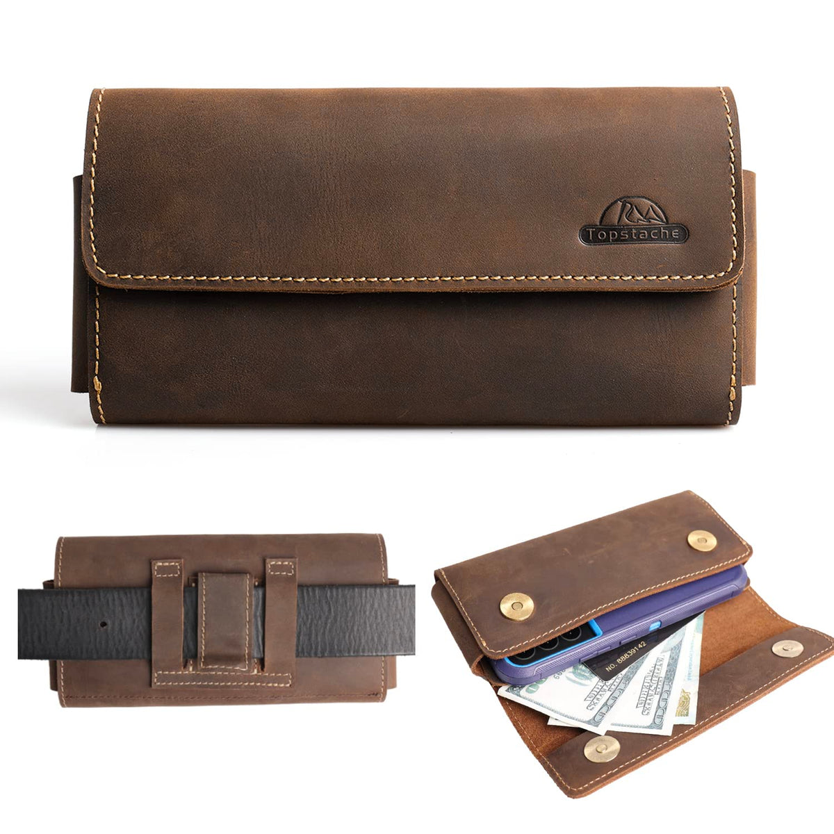 Topstache Leather Phone Holster With Belt Clip,Two Pockets Phone Pouch, Leather Card Holder,Wallet For Cash And Phone, Phone Pou