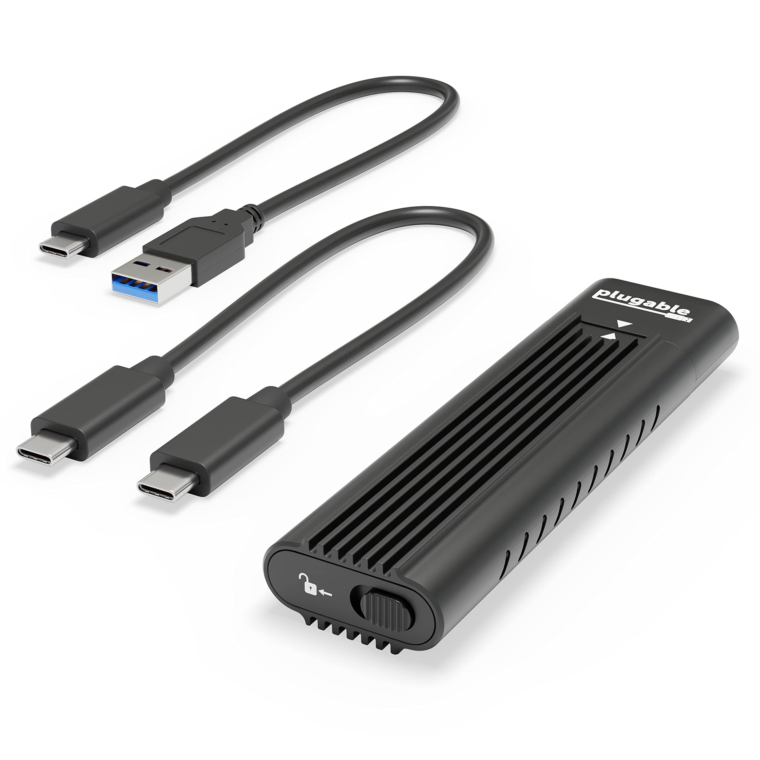 Plugable USB-C M.2 NVMe SSD Enclosure; Tool-Free & Driverless. USB 3 Type-C, including Thunderbolt and USB4, at 10Gbps. For M.2 