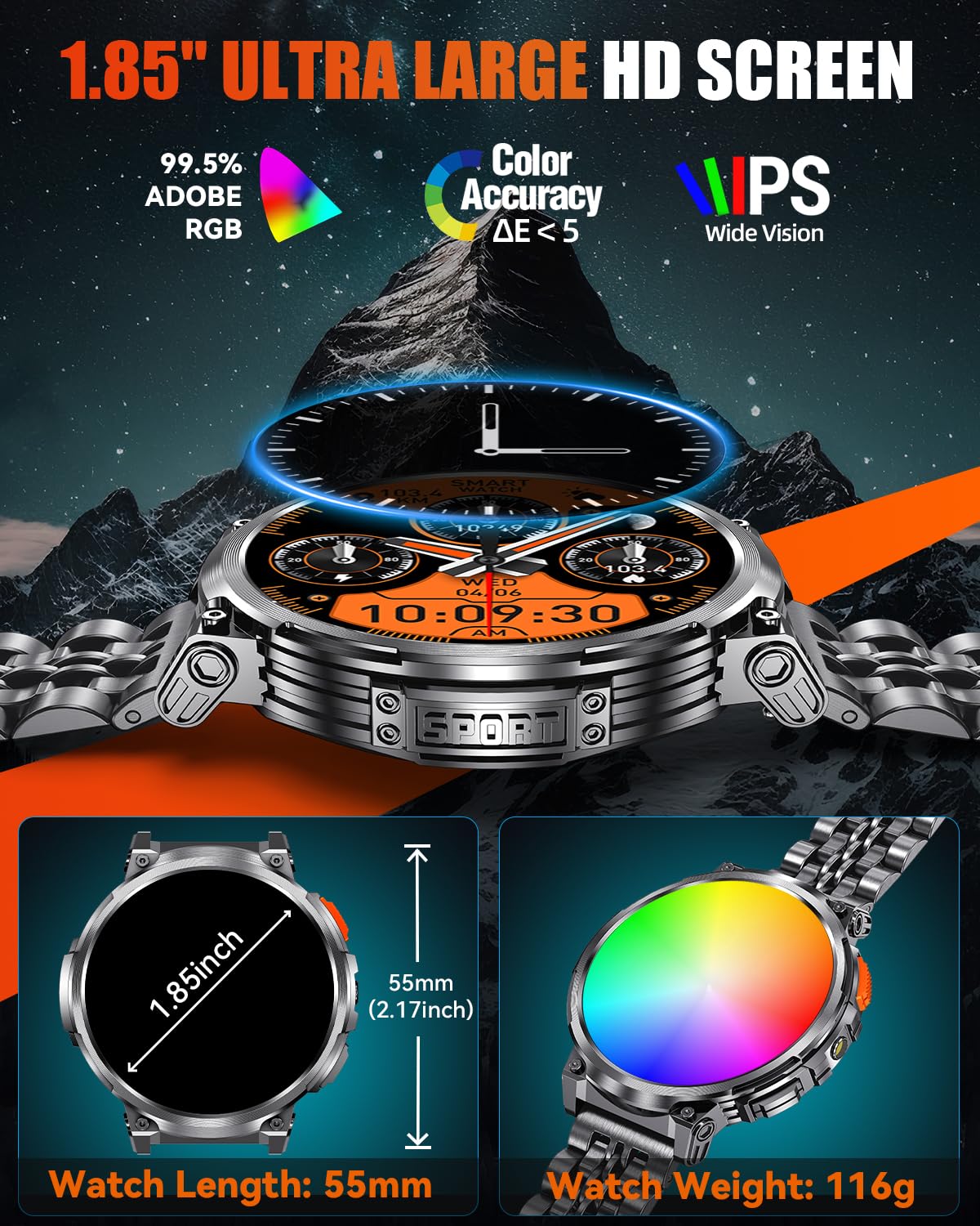 Podoeil 1.85 '' Big Screen Military Smart Watch For Men With Flashlight, 730Mah Large Battery, Ip68 Waterproof, Bluetooth Callin