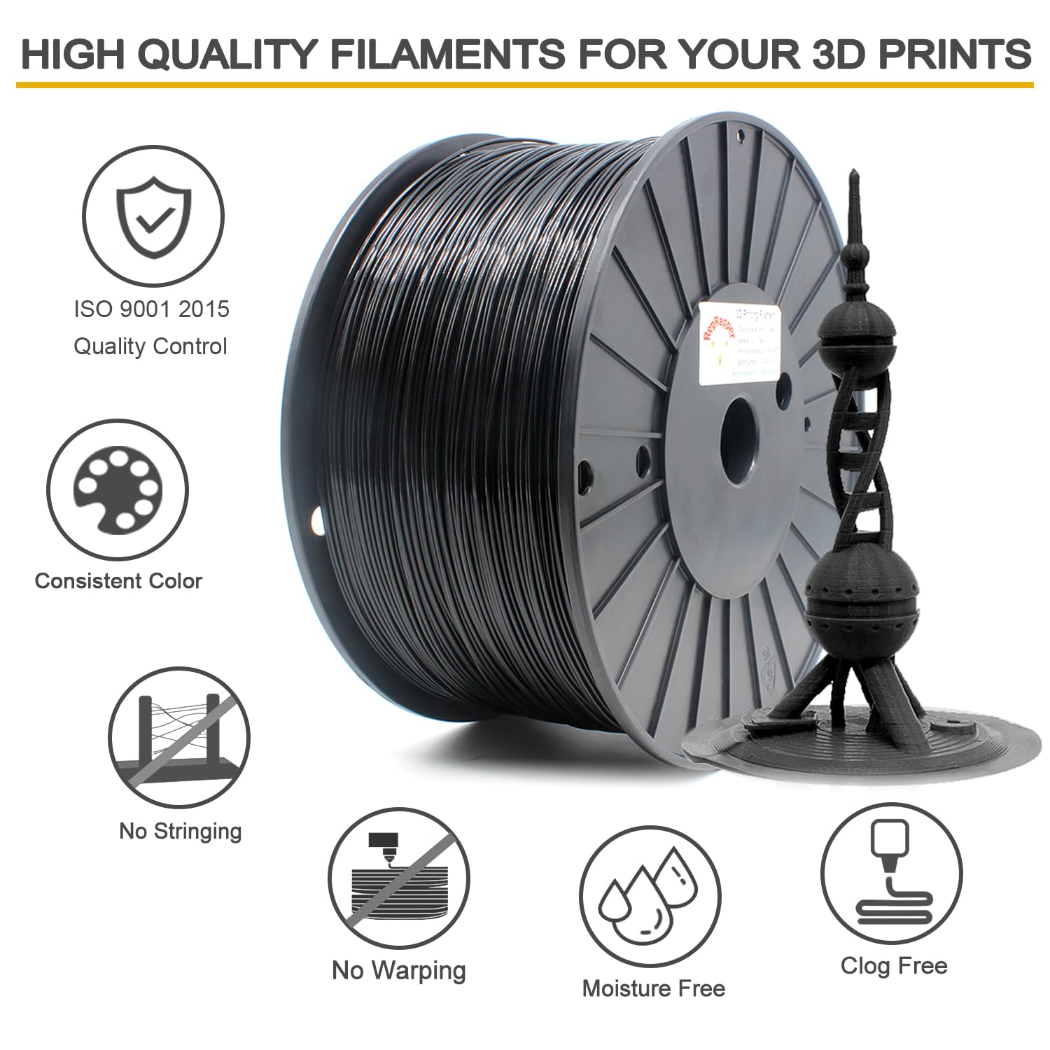 Reprapper Black Mpla (Modified Pla) Extra Strong Pla Plus Filament For 3D Printer 1.75Mm ( 0.03Mm) 6.6Lbs (3Kg)