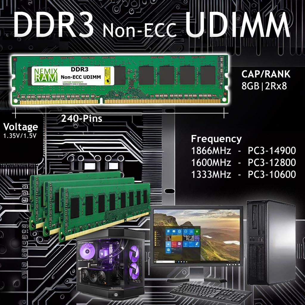 Nemix Ram 16Gb (2X8Gb) Ddr3 1333Mhz Pc3 10600 2Rx8 1.35V 240 Pin Non Ecc Udimm Unbuffered Desktop Memory Kit