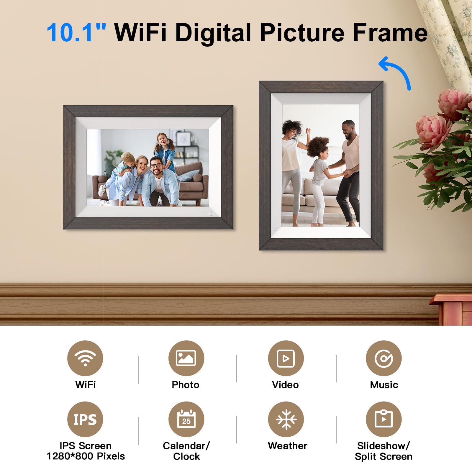 Digital Picture Frame 10.1'' Wood  Smart Photo Frame   32Gb Wifi Frame 1280 * 800 Ips Touch Screen, Auto Rotate, Motion Sensor,