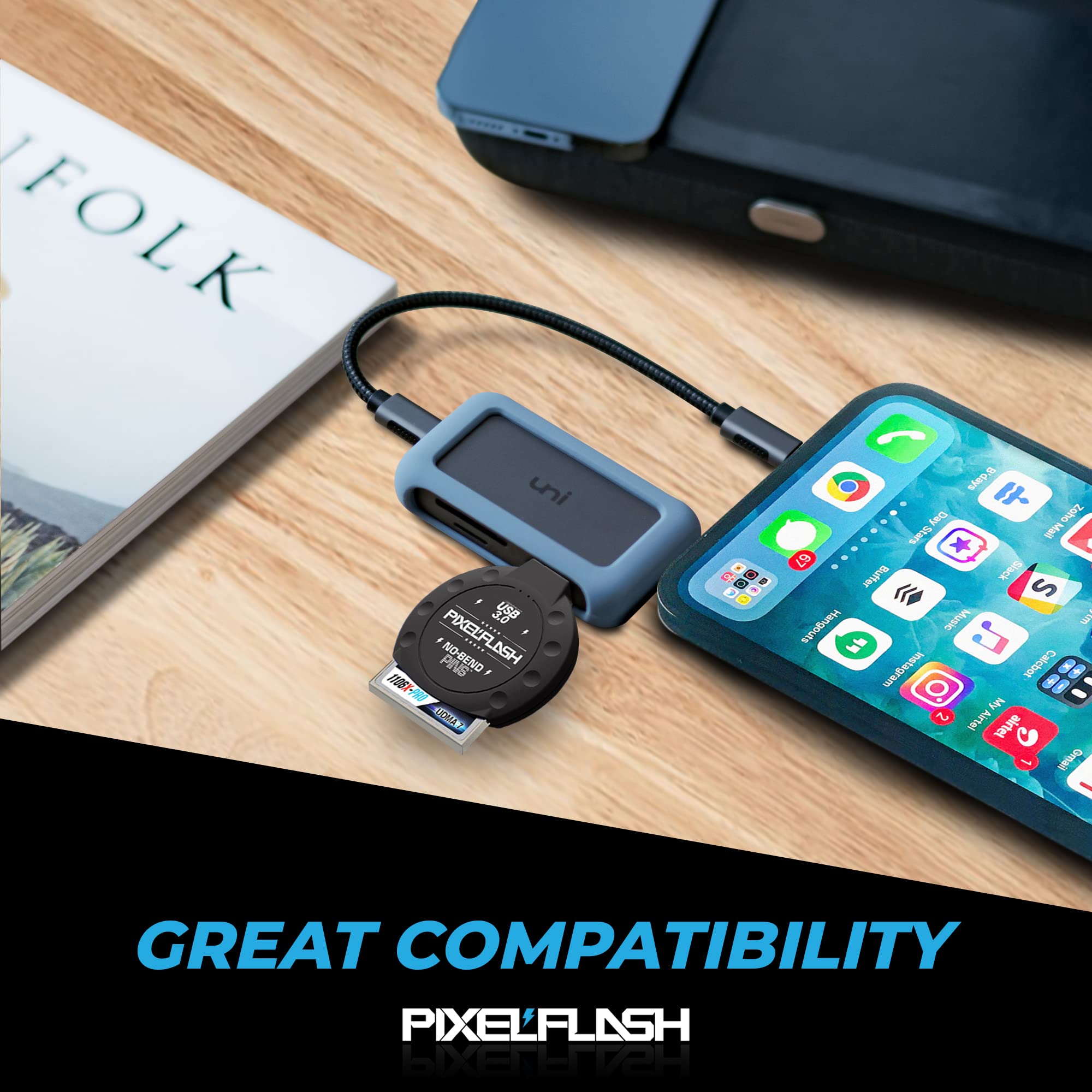 Pixelflash Cf Card Reader   Compact Flash Card Reader, Usb 3 Card Reader For Computer   Tactical Superspeed Compactflash Memory Adapter, Rugged Anti Scratch Exterior Classic   No Bend Pins, Black