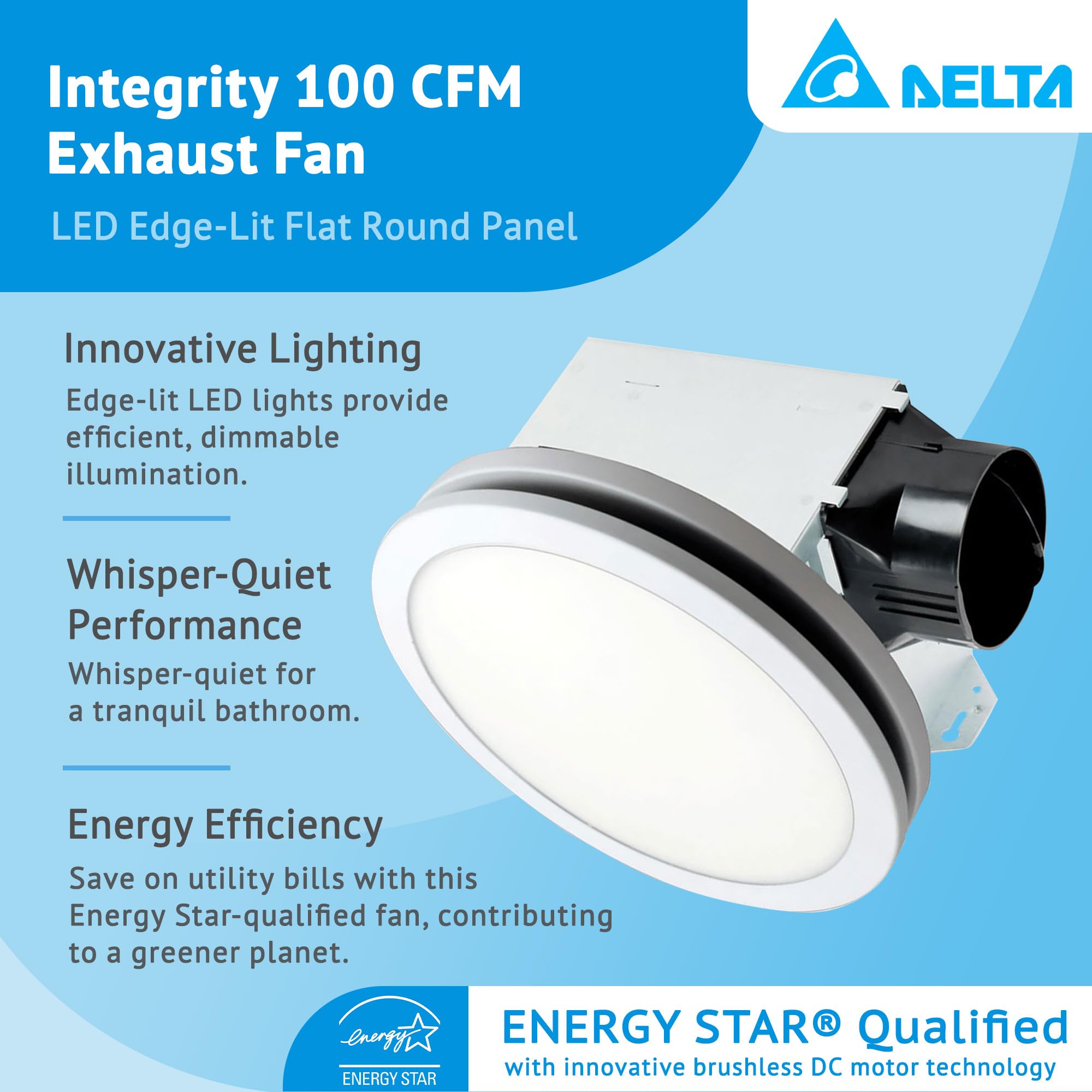 Breez Delta Integrity 100 Cfm Exhaust Bath Fan, Led Edge-Lit Flat Round Panel Light, Energy Efficient Quiet Operation Ceiling Mo