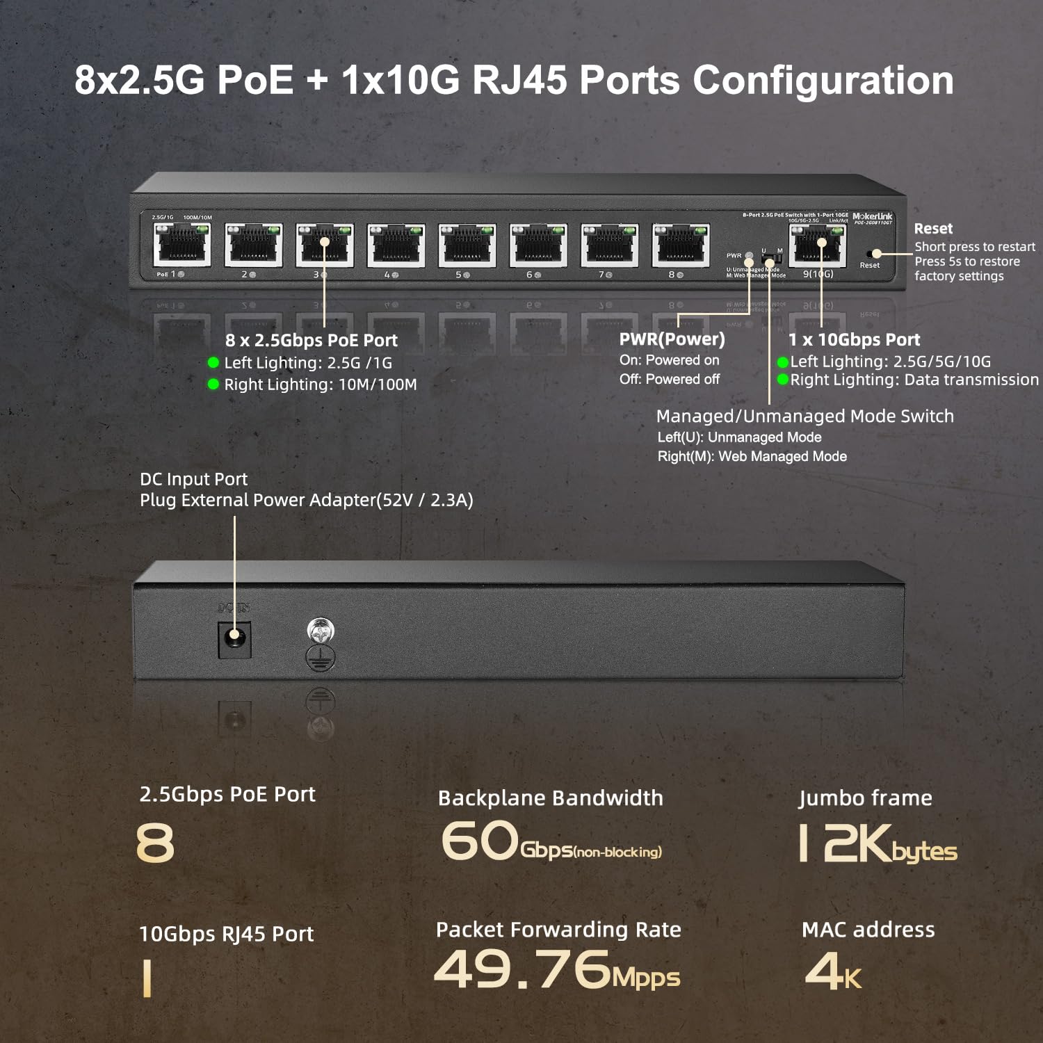 Mokerlink 8 Port 2.5G Poe Managed Switch With 1 Port 10G Ethernet Uplink, Ieee8023Af/At Poe 120W, Metal Web Managed Fanless Netw