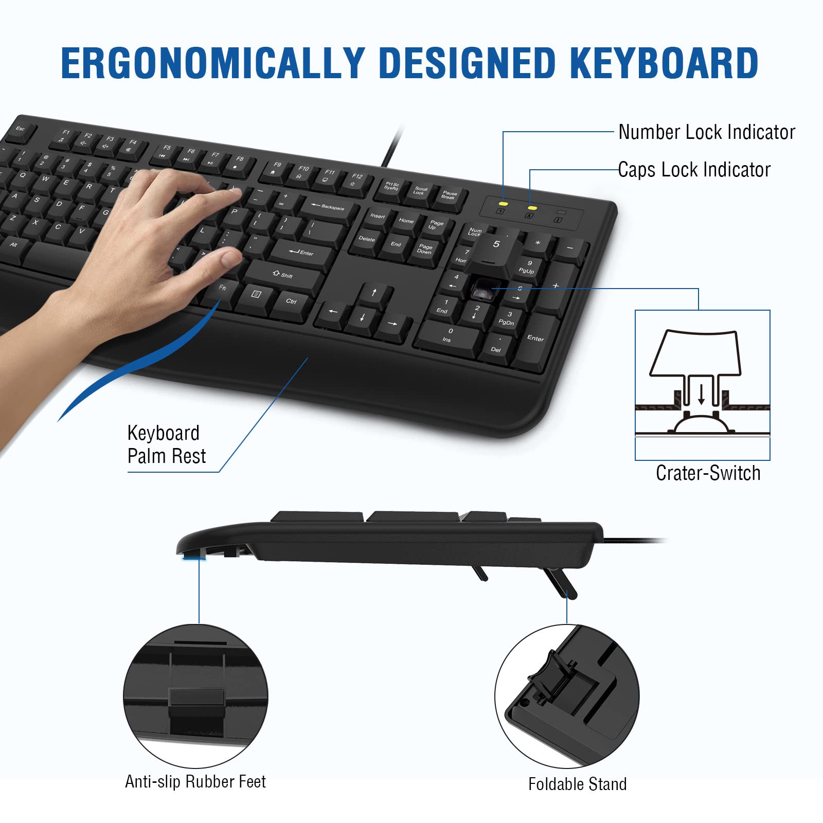 Wired Keyboard And Mouse Combo, Edjo Full Sized Ergonomic Computer Keyboard With Palm Rest And Optical Wired Mouse For Windows,
