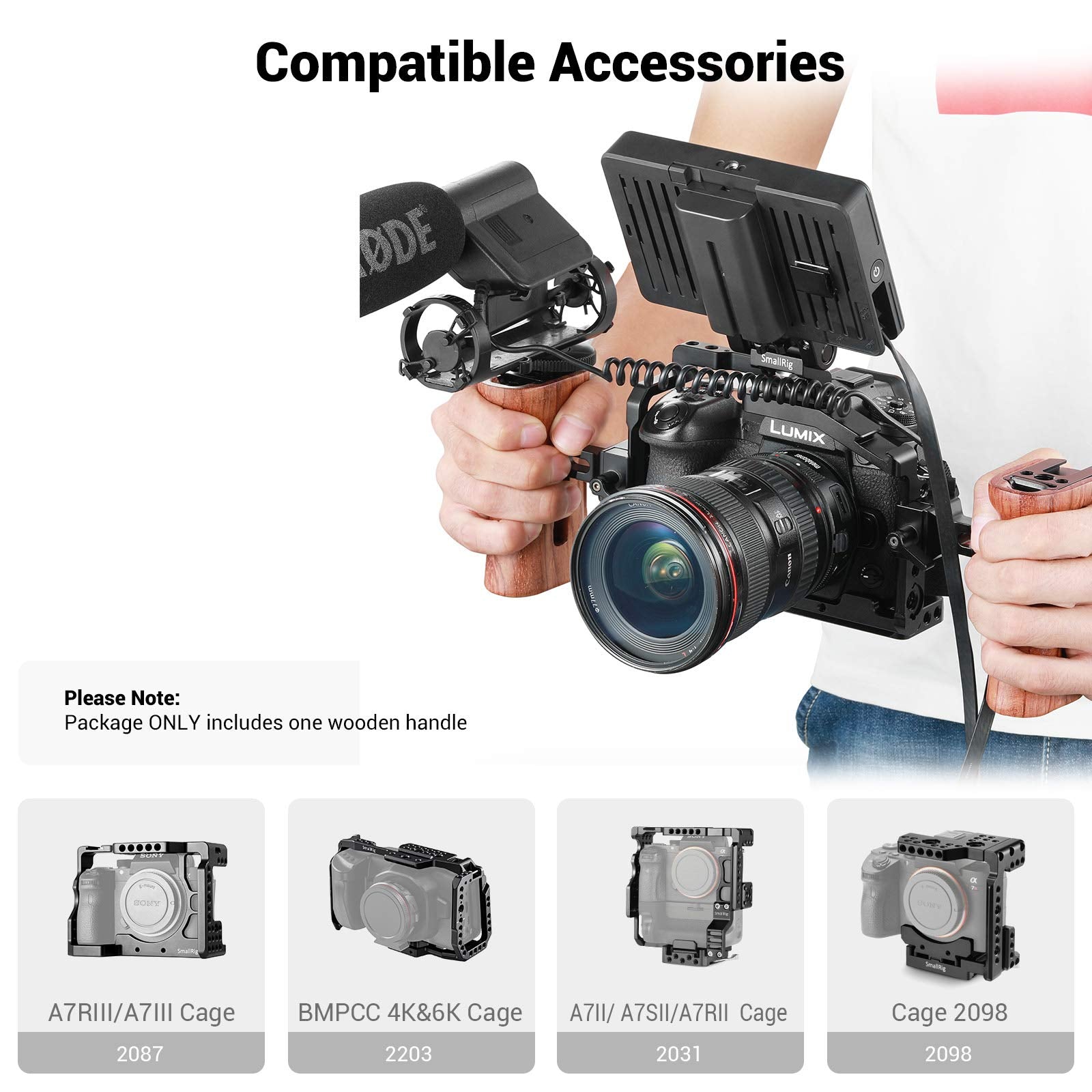 Smallrig Universal Side Wooden Nato Handle Grip Dslr Camera Cage W/Cold Shoe Mount Built-In Wrench, Threaded Holes - 2187