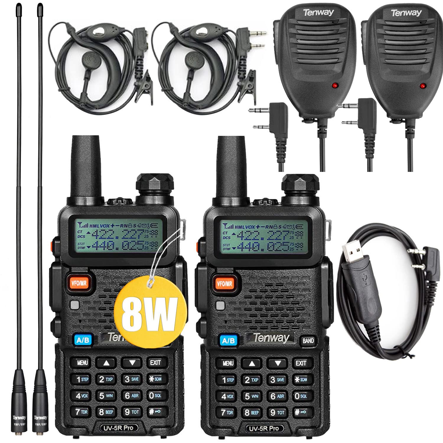 Ham Radio Uv 5R Pro 8W Dual Band Two Way Radio With Handheld Speaker Mic And Antenna 2Pack And Programming Cable