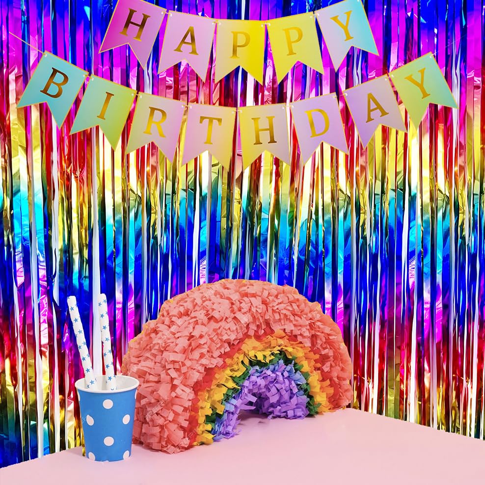 Sparkly Rainbow Foil Fringe Curtain Metallic Streamers Tinsel Party Backdrop Decorations For Birthday Gay Pride Day Graduation W