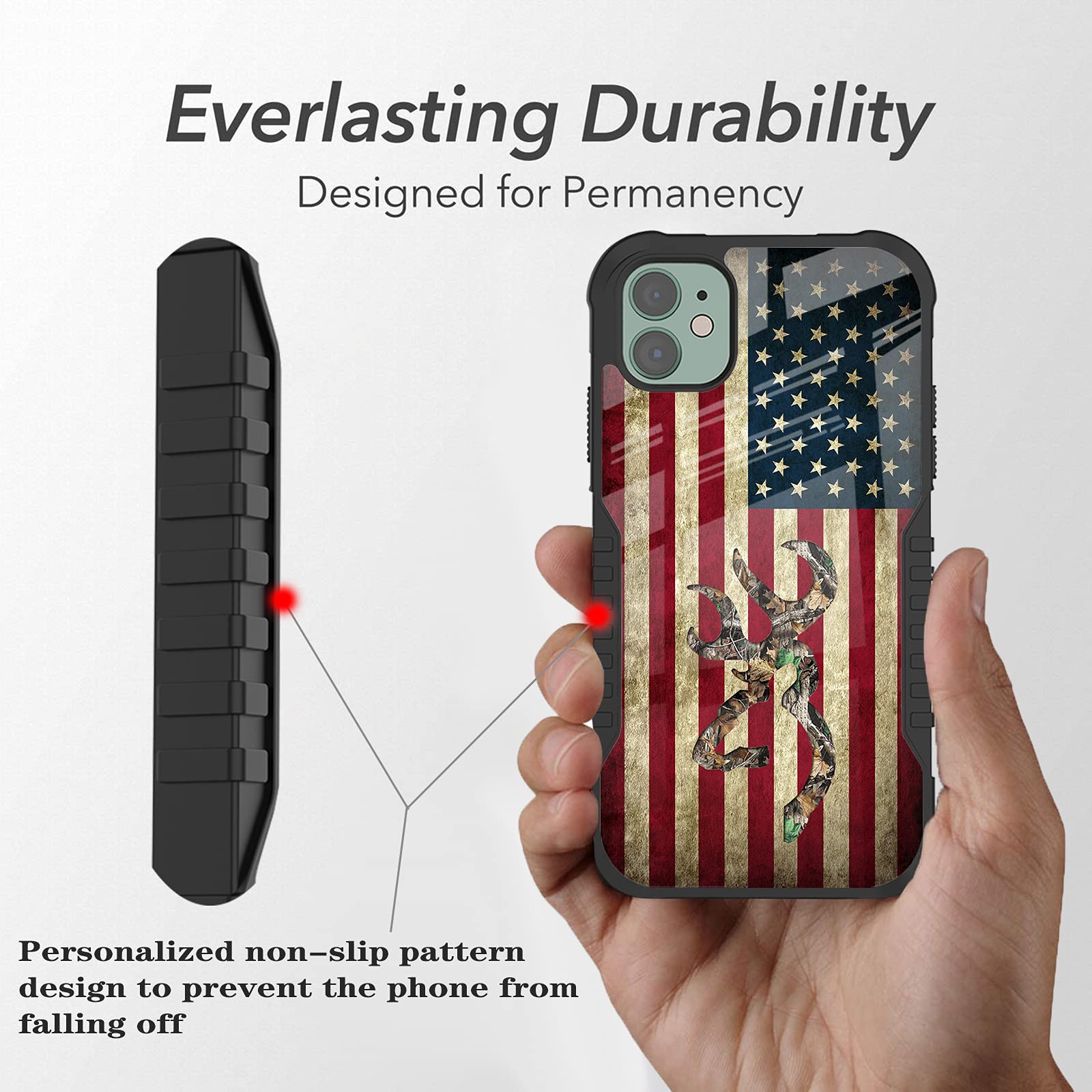 Lanjindeng Iphone 11 Case Camo Deer American Flag Design For Men, [Shockproof] [Anti Scratch] [Anti Slip] Military Grade Hard Pr