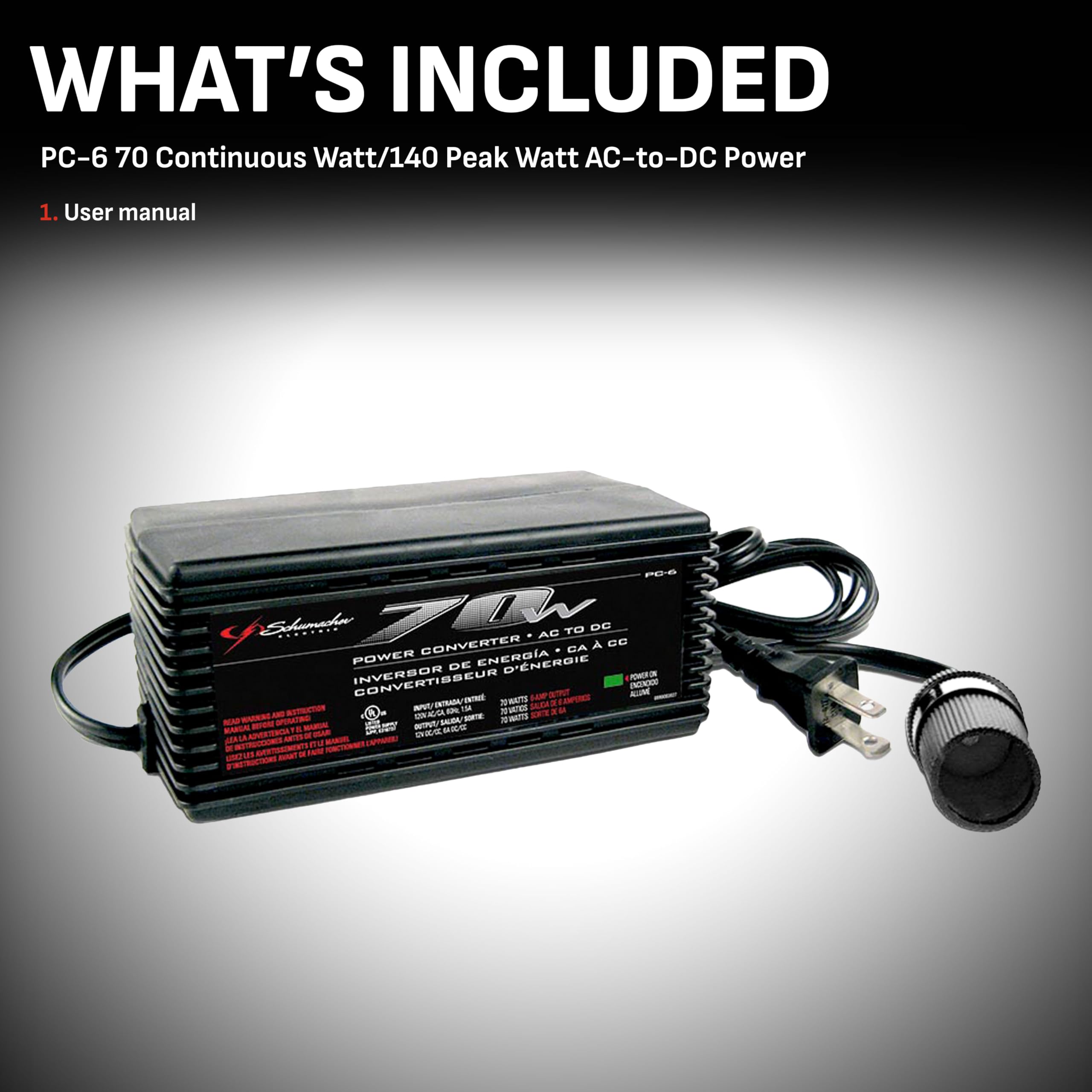 Schumacher Electric Ac To Dc Power Converter, Pc 6, 70 Continuous Watts, 140 Peak Watts, 12 Volt Dc Accessory Port, Plugs Into H