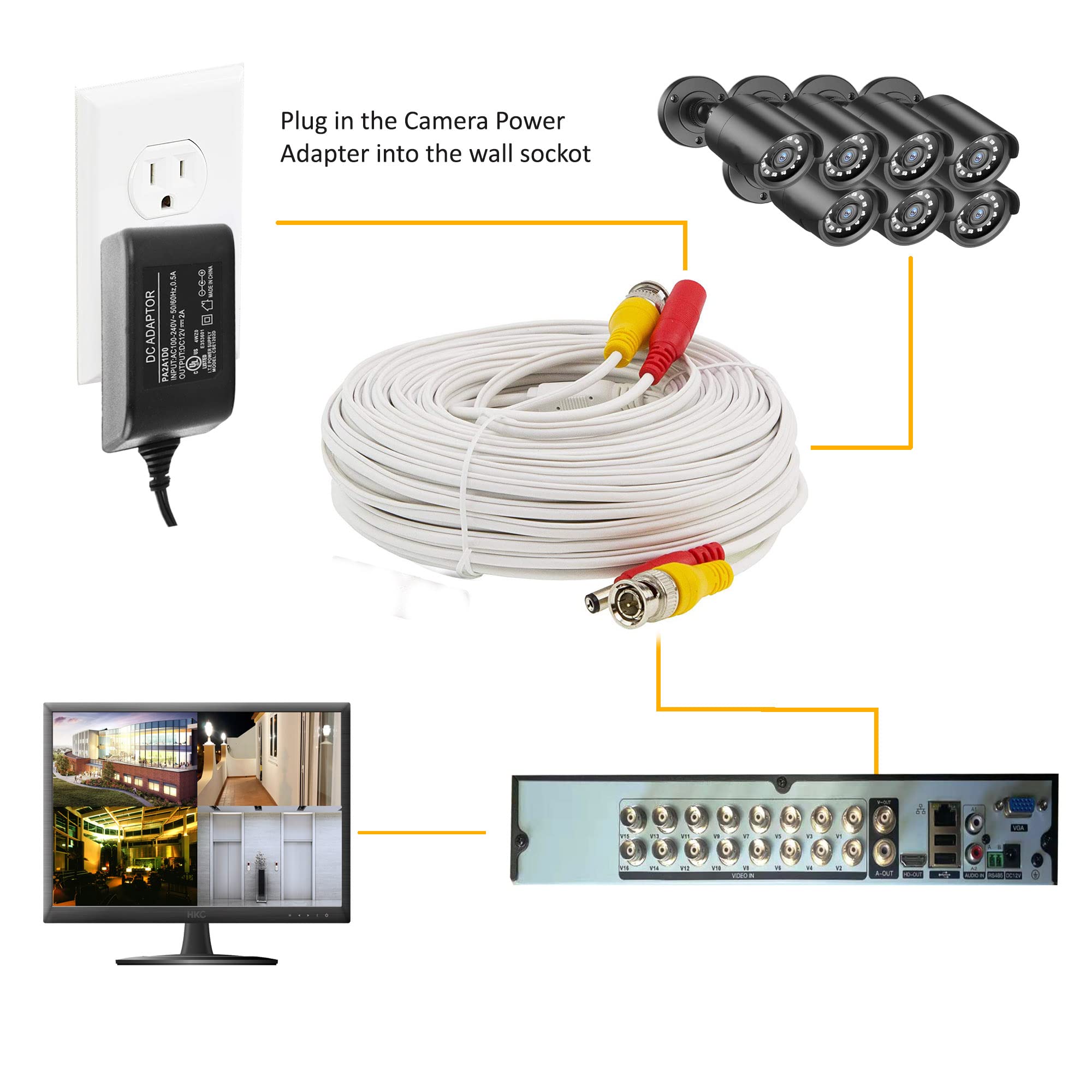 Security Camera Extension Cable, With Connectors, Video And Power All In One Siamese Cable For Surveillance Cctv Dvr System, Whi