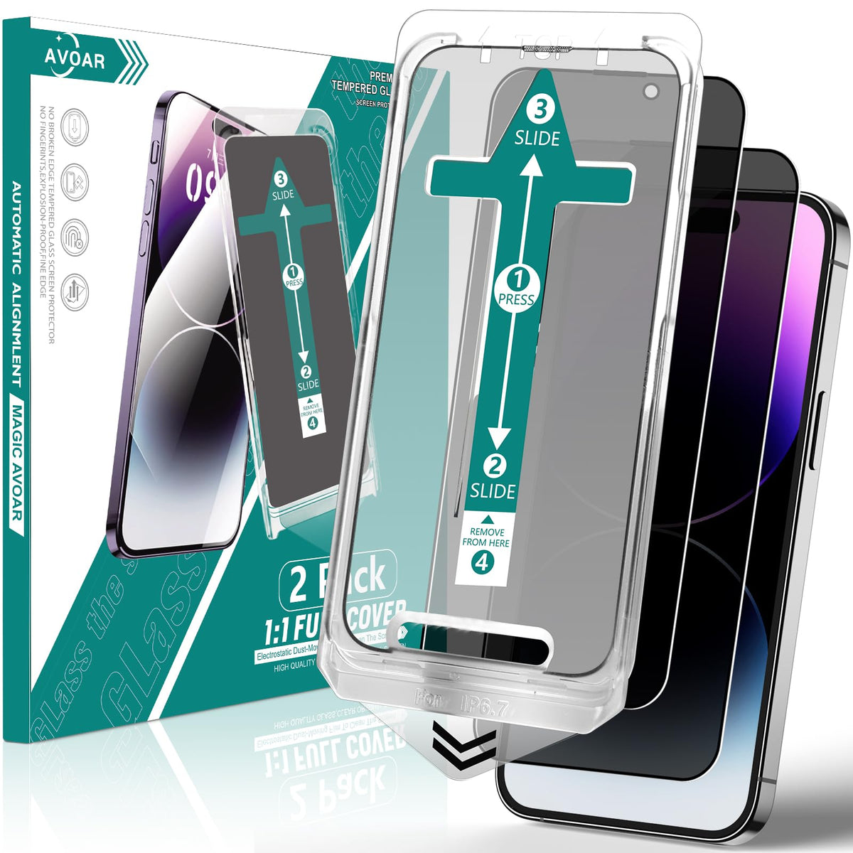 Avoar 2 Pack Privacy Screen Protector For Iphone 14 Pro Max, [Auto Alignment Kit] 6.7 Inch Tempered Full Screen Glass, Auto Dust
