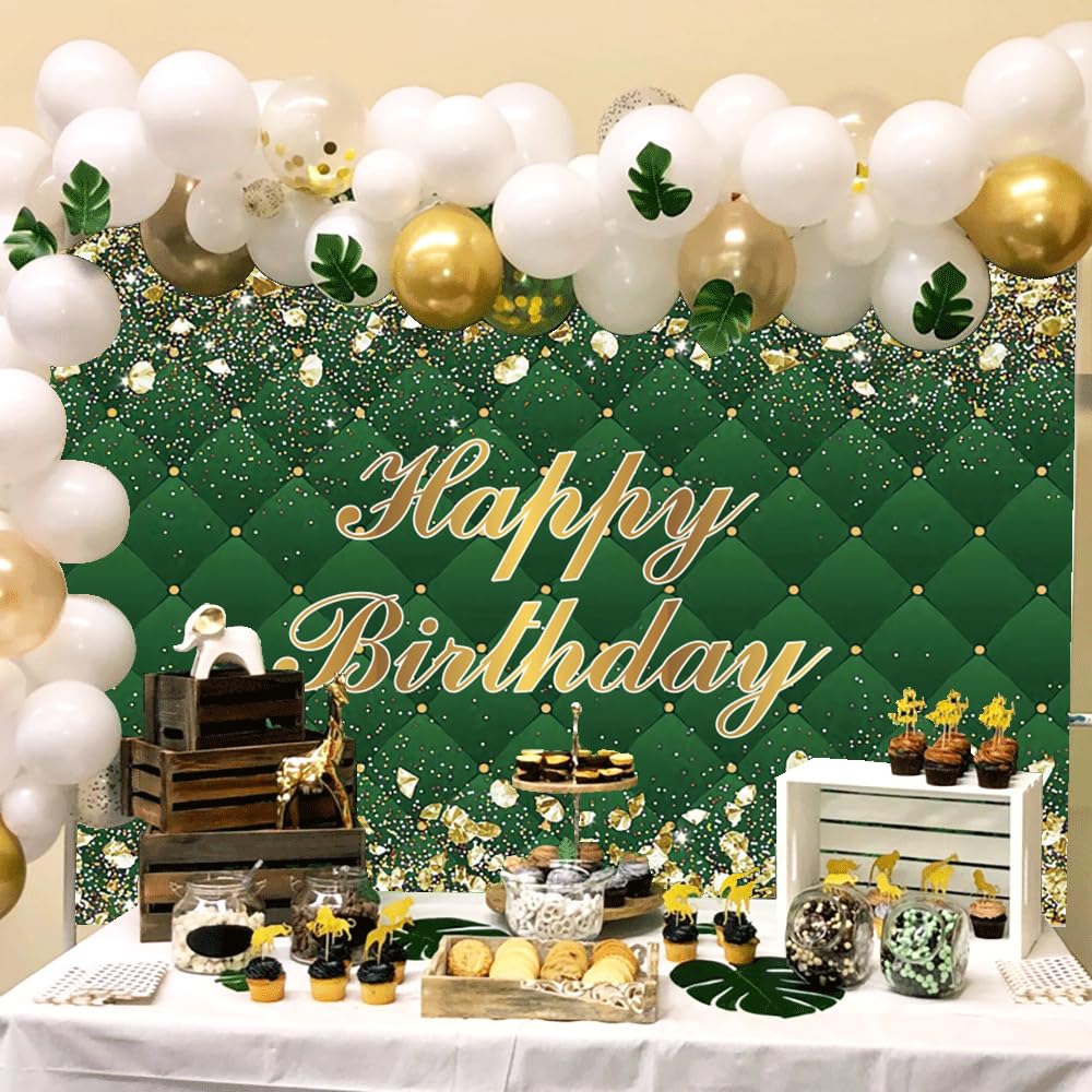 Renaiss 7X5Ft Happy Birthday Backdrop Banner For Photoshoot Portrait Gold Diamonds Green Photography Background For Men Women 30