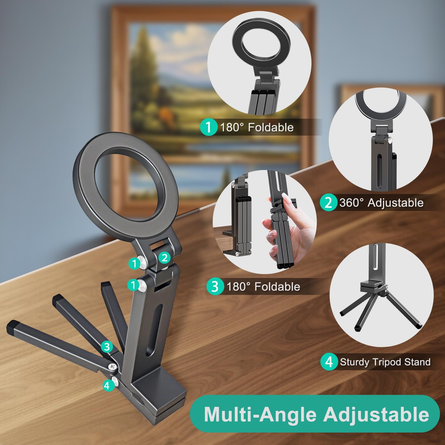 Jkoailiwi Adjustable Magnetic Phone Tripod Stand With 1/4'' Port, Ultra-Light Aluminium Alloy Tripod Phone Holder Mount For Mags