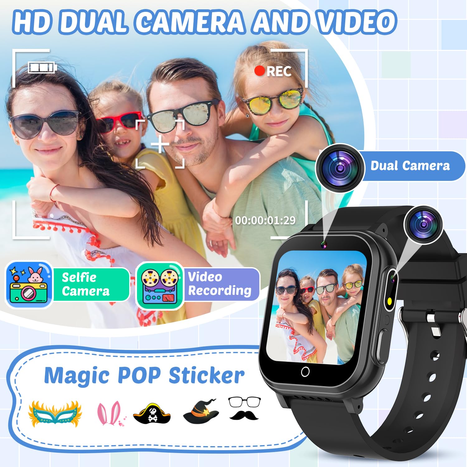 Waterproof Smart Watch For Kids With 32 Games Dual Camera Video Habit Tracking Music Player Pedometer Screen Protectors Lanyard,