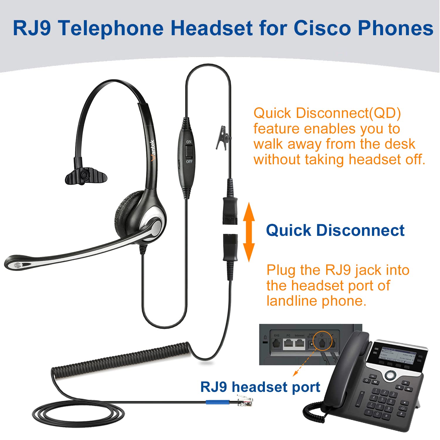 Wantek Phone Headset With Microphone Noise Cancelling And Quick Disconnect Cord, Rj9 Telephone Headsets Compatible With Cisco Ip