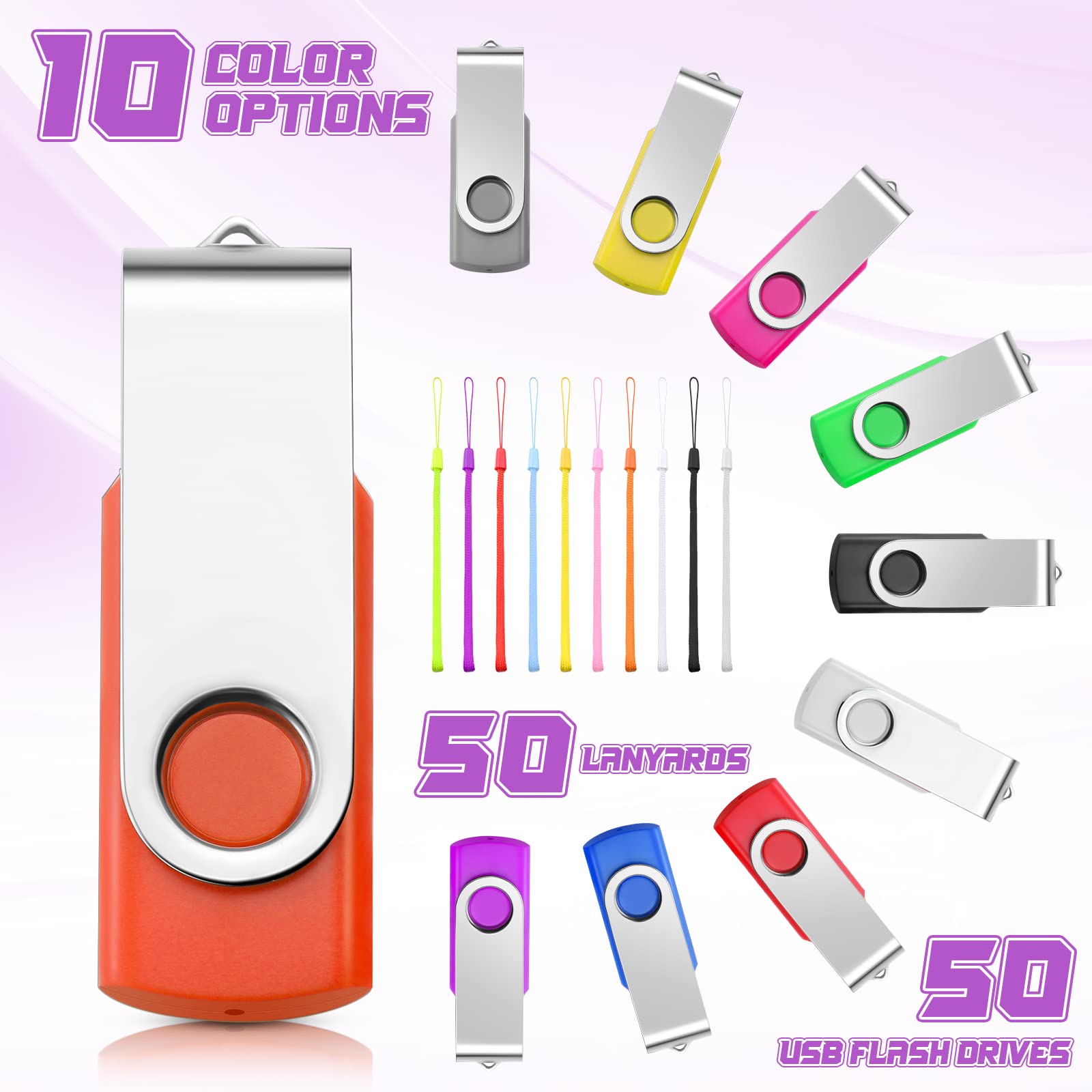 50 Pack Usb Flash Drives Bulk With Lanyards Usb 2.0 Thumb Drive Swivel Storage Flash Drive Pack Bulk With Led Light For Data Sto
