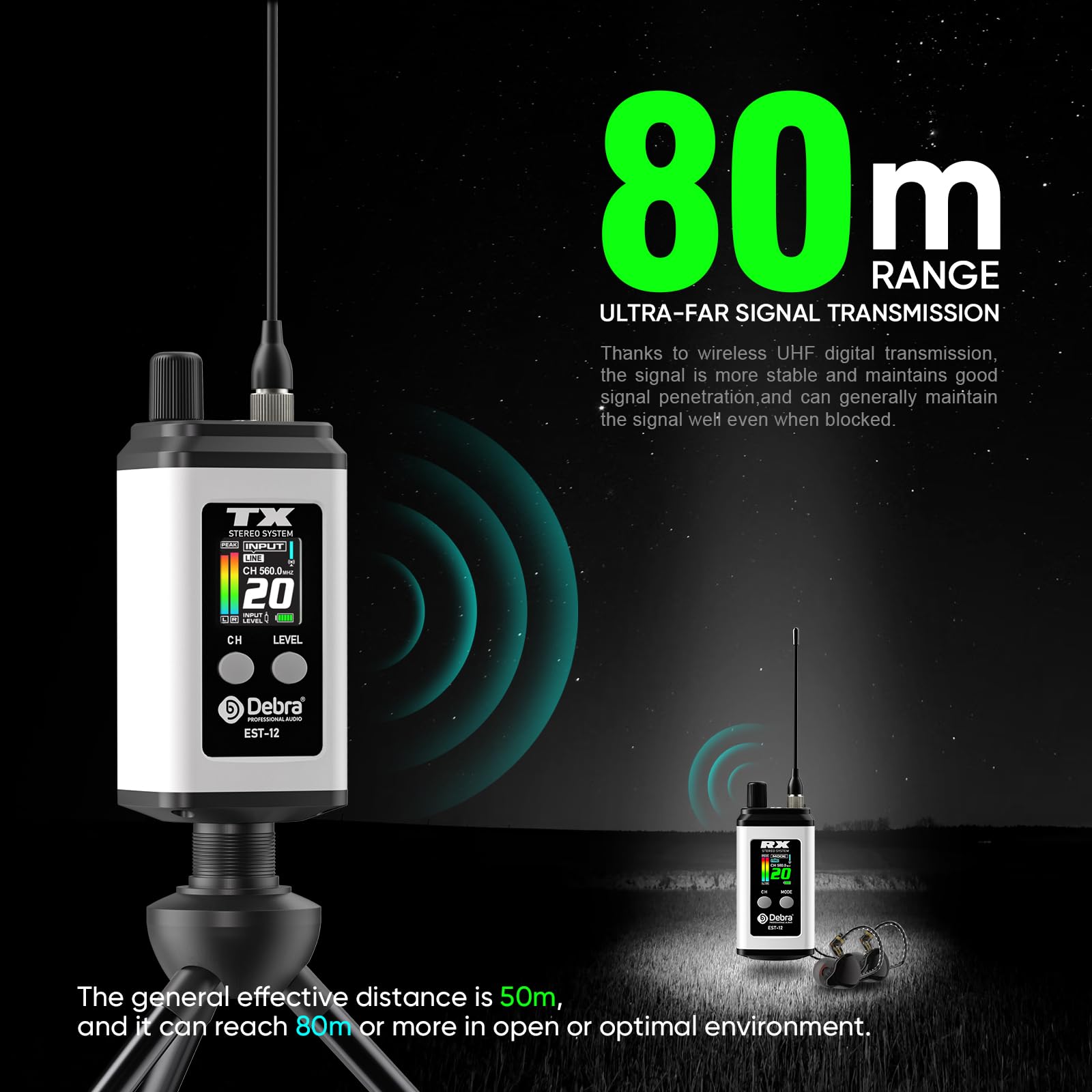 Debra Est-12 Pro Uhf Stereo Wireless In Ear Monitor, Wireless Iem, Portable Rechargeable Monitoring System 20 Adjustable Channel