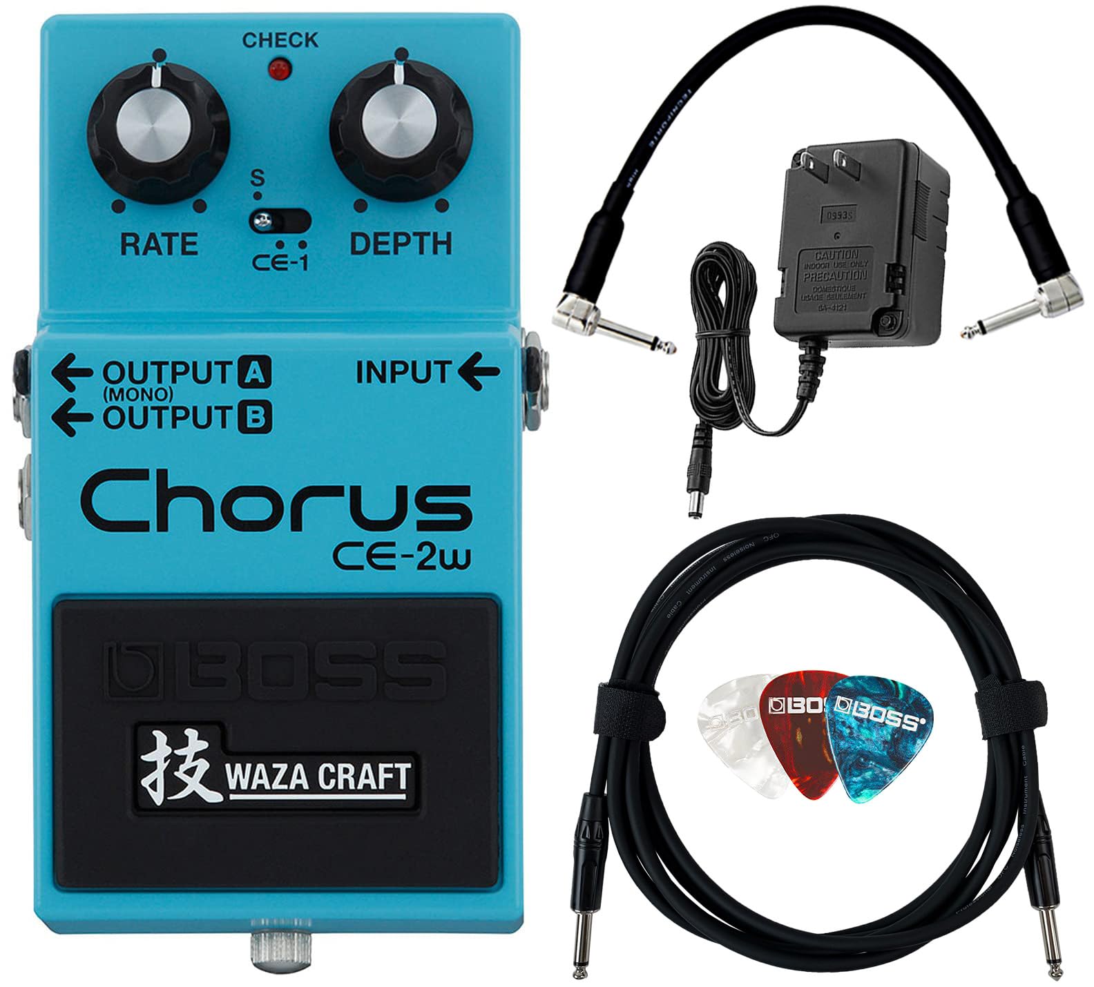Boss Ce 2W Waza Craft Chorus Bundle With Power Adapter, 10Ft Instrument Cable, 6In Patch Cable, And Picks