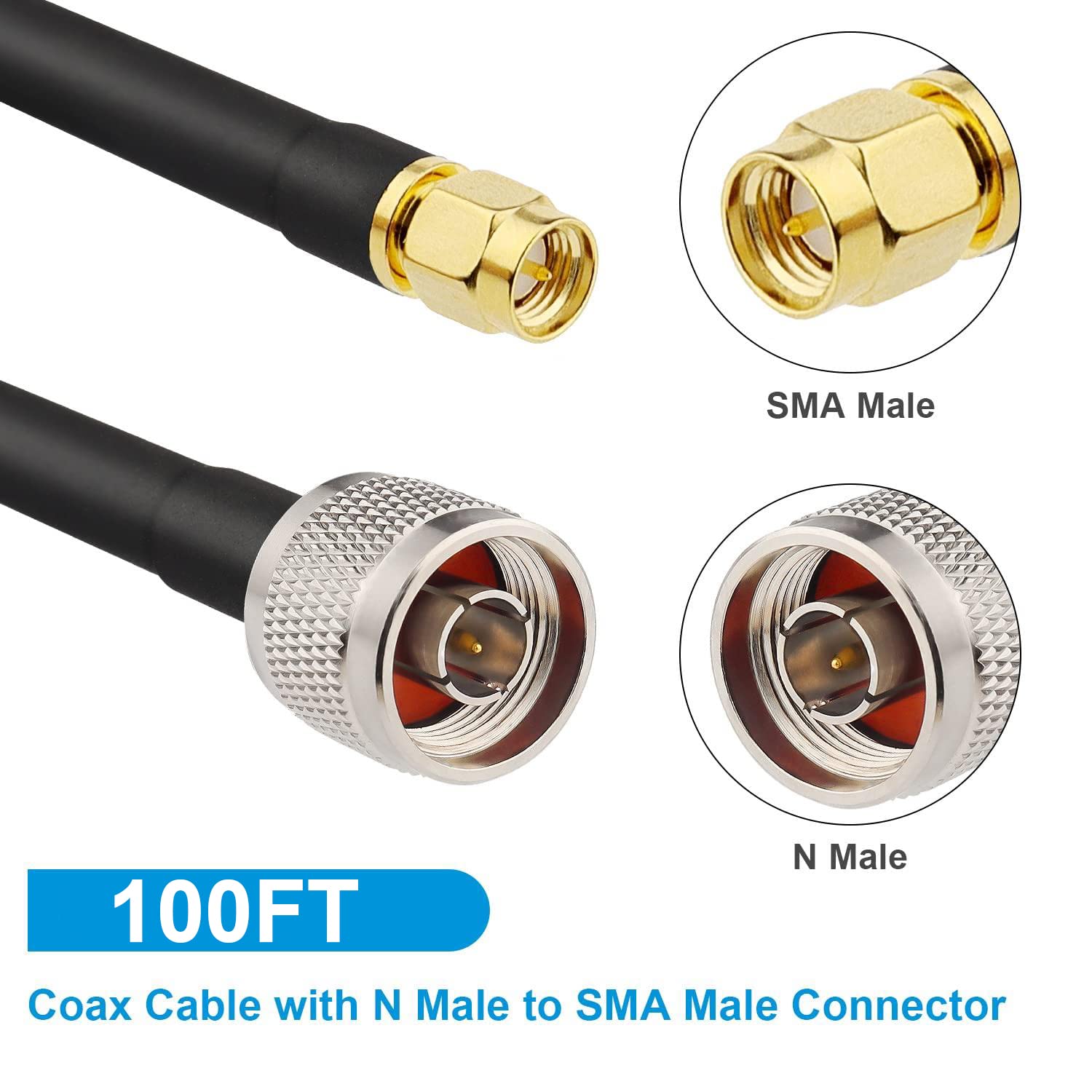Mookeerf N Male To Sma Male Cable 100Ft Low Loss Rg58 Sma To N Cable 50 Ohm For Wifi Router,Gps Receiver,Antenna,Signal Booster