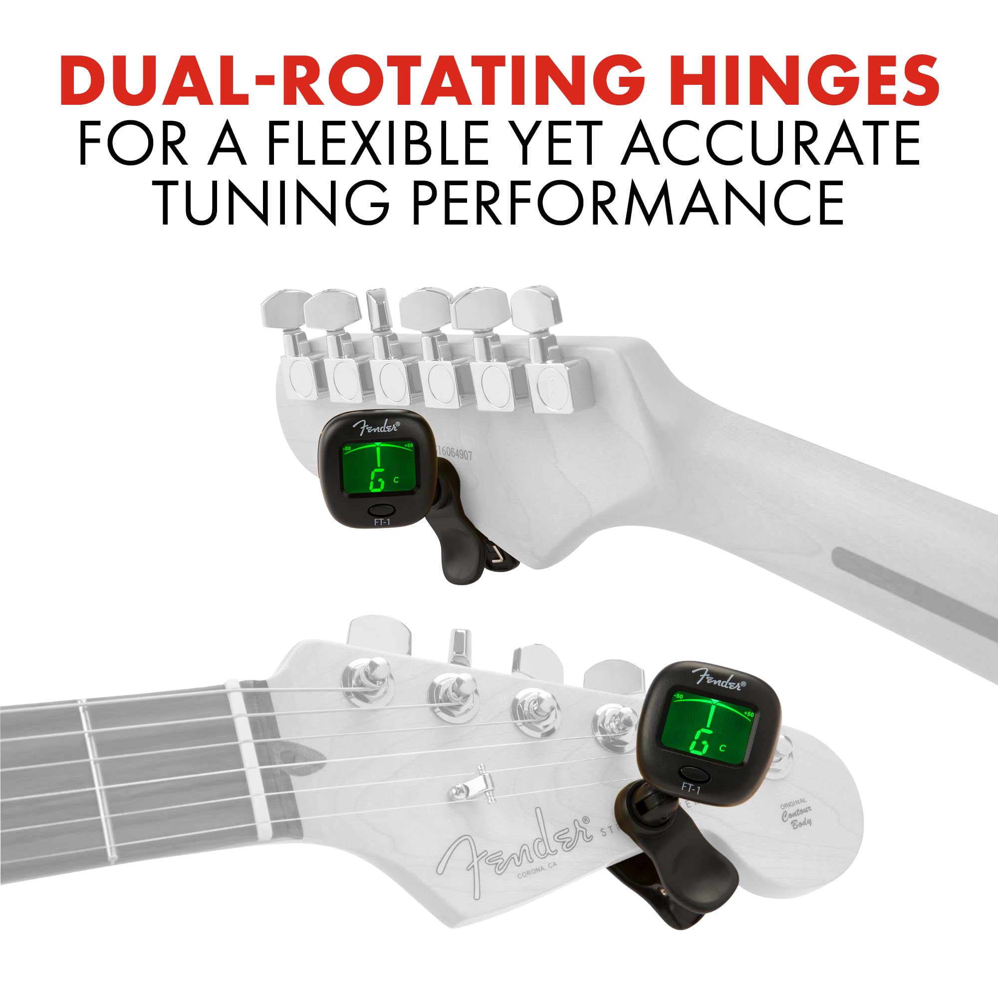 Fender Ft 1 Professional Guitar Tuner Clip On, With 1 Year Warranty, Full Range Chromatic Guitar Tuner With Dual Rotating Hinges
