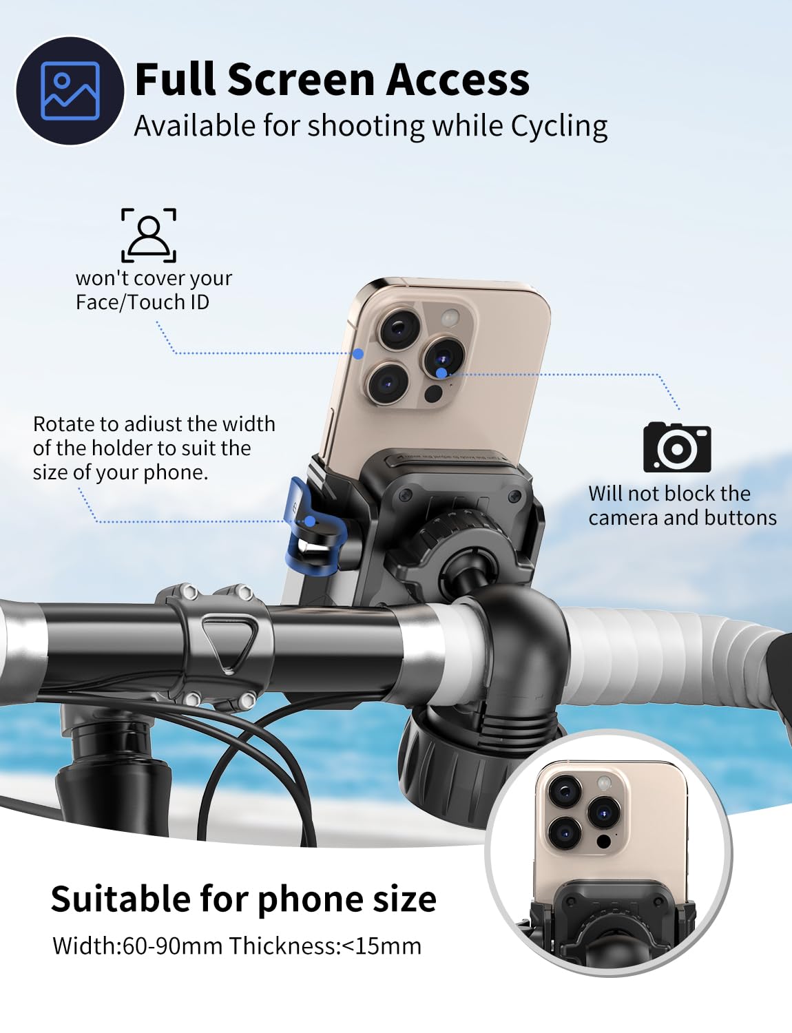 Motorcycle Phone Mount, [No Block Camera] Bike Phone Holder Mount, [Silicone Wrapped] Handlebar Cell Phone Mount For Bike/Scoote