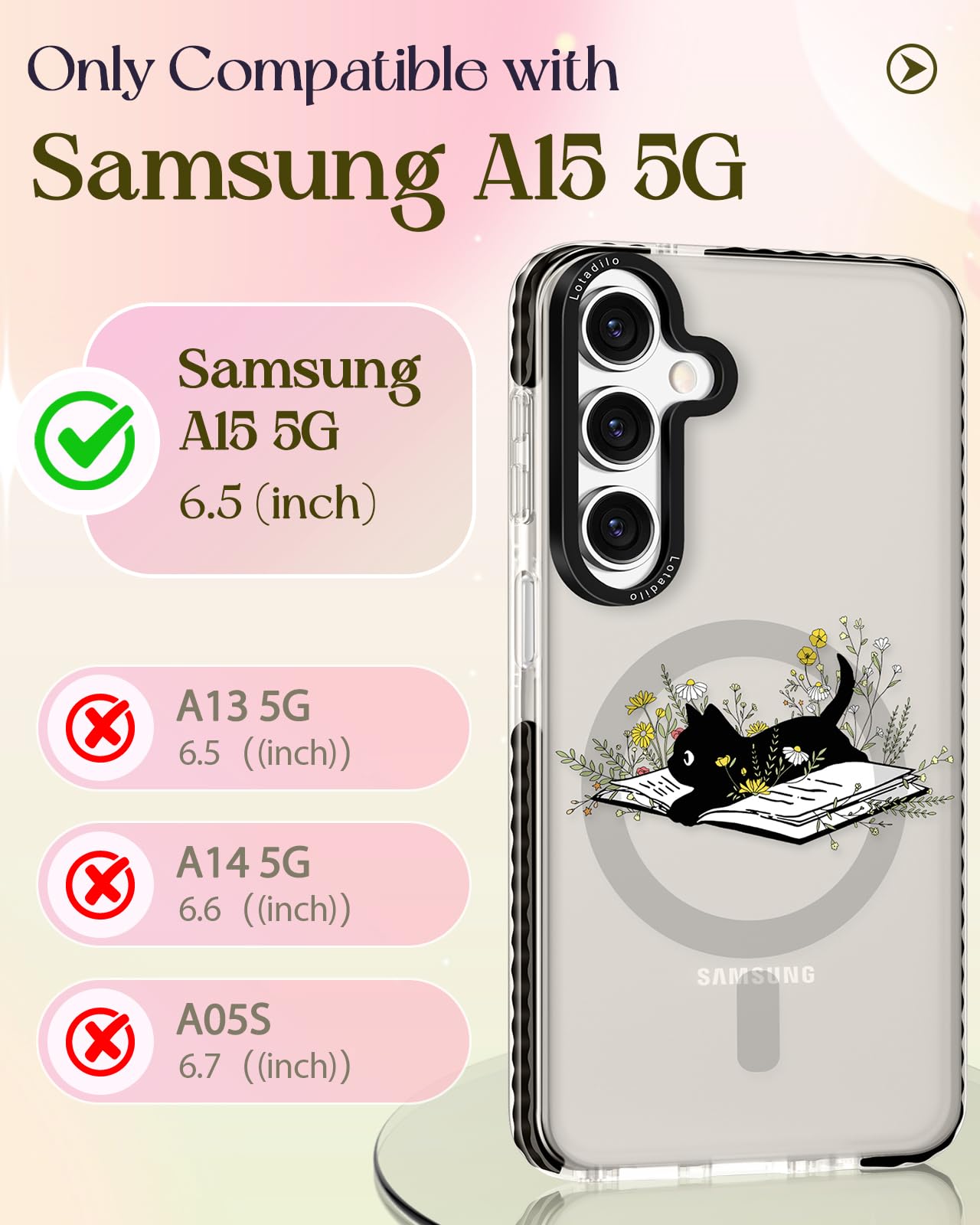 Lotadilo For Samsung Galaxy A15 5G Case For Women - Girls Cute Design Compatible With Magsafe Magnetic Ring Holder Stand Cat Flo