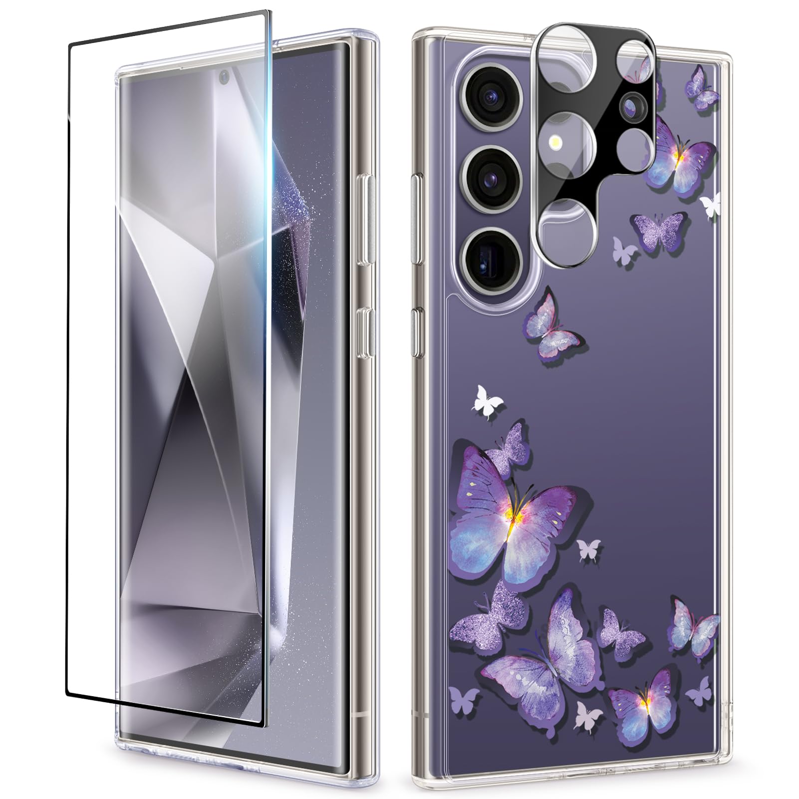 Gviewin For Samsung Galaxy S24 Ultra Case With Screen Protector+Camera Protector,Mil Grade Drop Protection Floral Clear Slim Sho