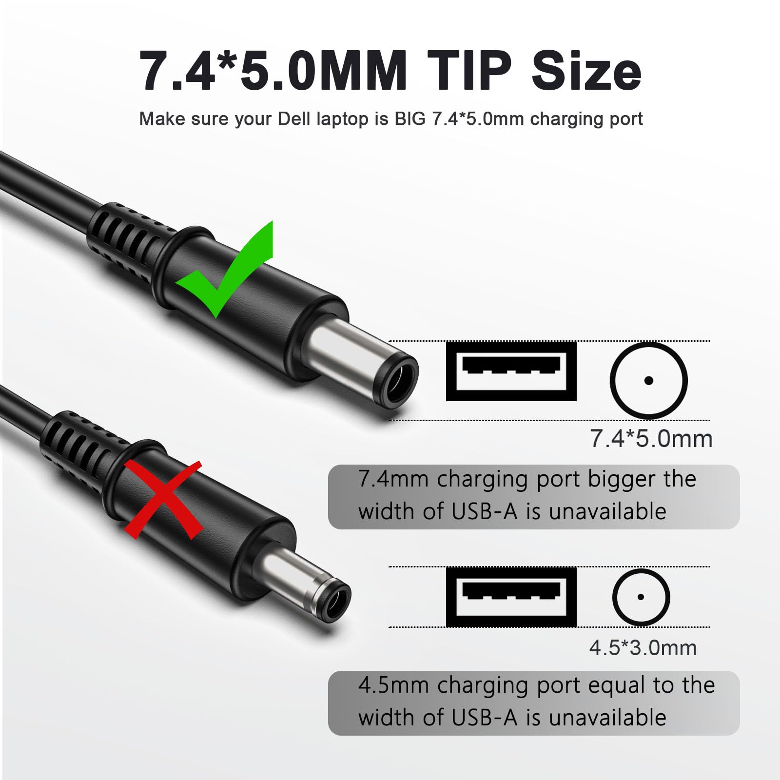 65W Laptop Charger 7.4Mm For Dell Latitude 3190(2 In 1) 5280 5480 5580 7280 7300 7400 E5250 E5450 E5550 E6230 E6430 E6530 Inspir