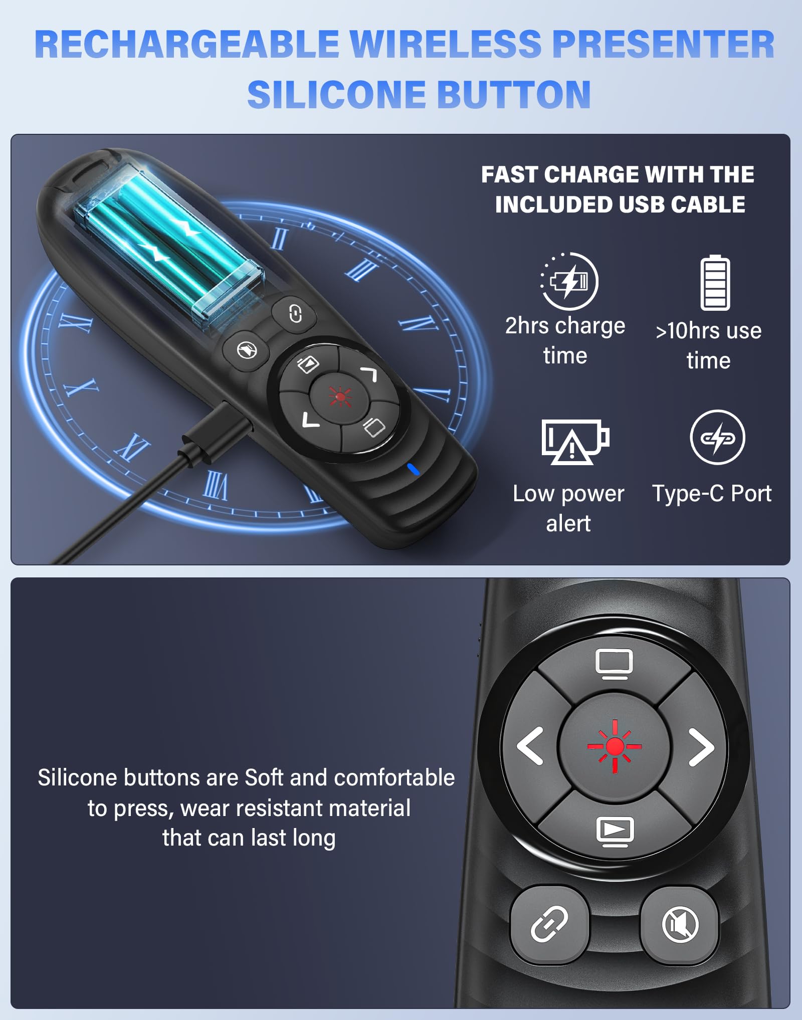 Presentation Clicker Wireless, 2-In-1 Usb/Type C Rechargeable Presenter Remote Control For Powerpoint, Ppt Clicker Red Laser Poi