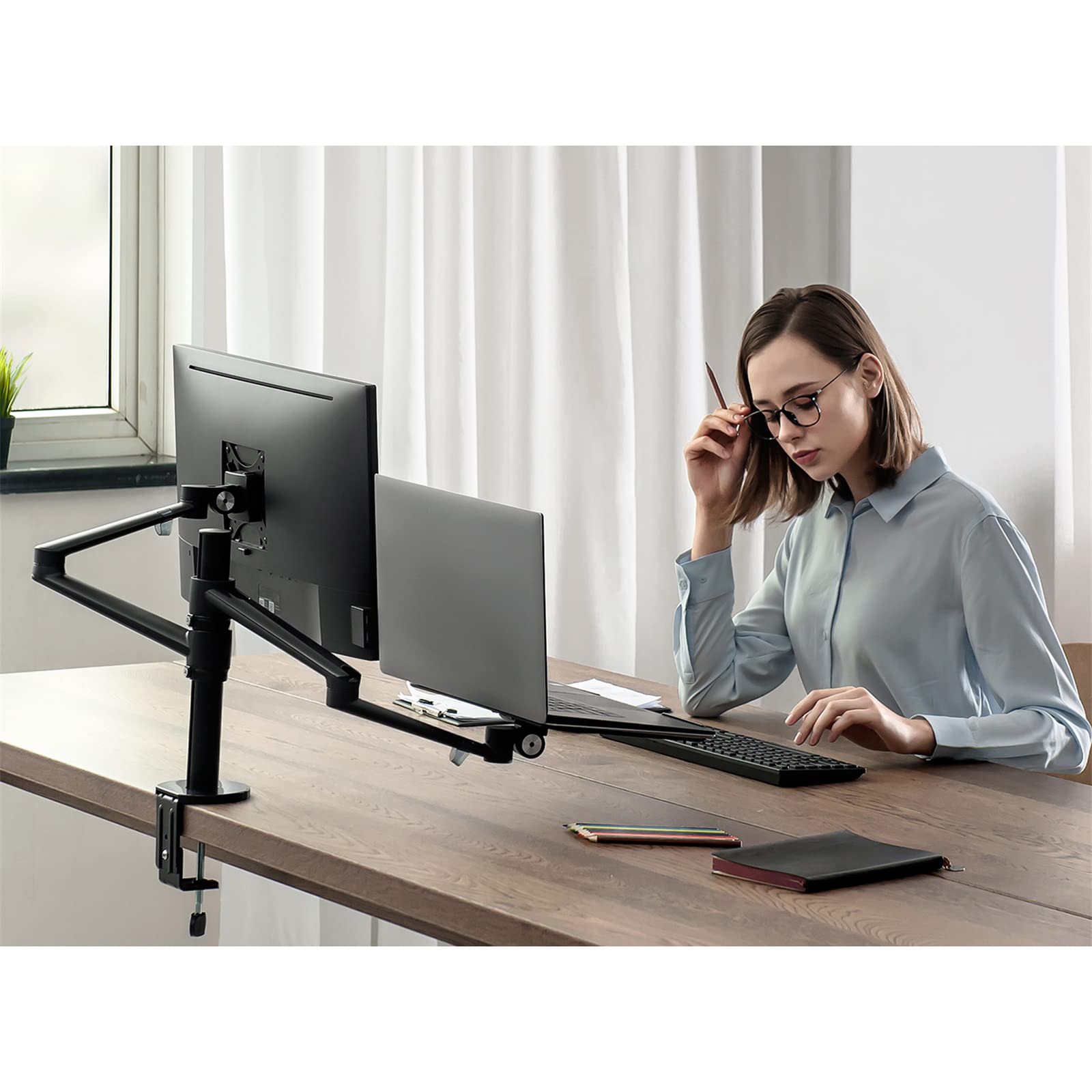 Viozon Monitor and Laptop Mount, 2 in 1 Adjustable Dual Arm Desk Mounts Single Desk Arm Stand/Holder for 17 to 32 Inch LCD Computer Screens, Extra Tray Fits 12 to 17 inch Laptops (Black)