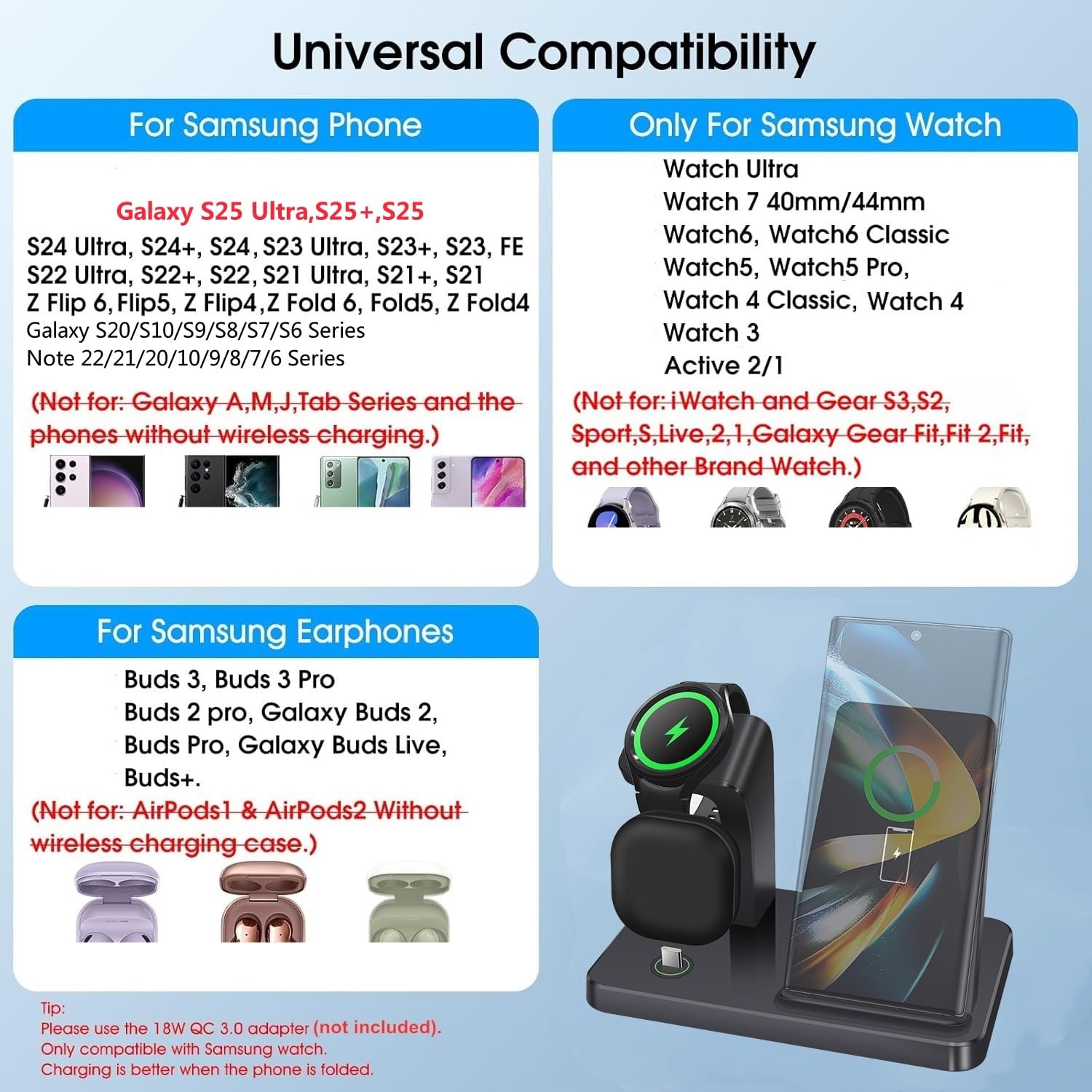 Vnbbt Wireless Charger For Samsung,3 In 1 Wireless Charging Station For Samsung Galaxy S25/S24/S23/Z Fold/Flip,Fast Phone Watch