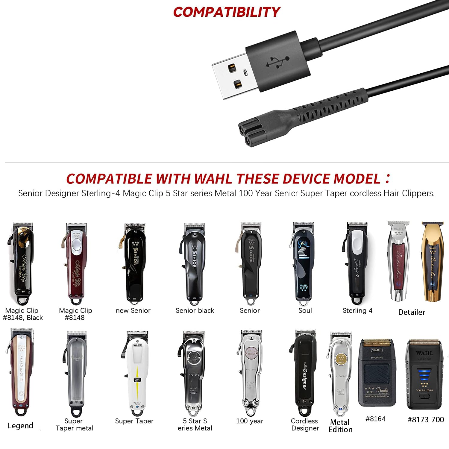 Anrom Replacement Charger Cord Usb For Wahl Clipper, 6.6Ft Charging Cable For Wahl Magic Senior Detailer Legend Cordless Clipper