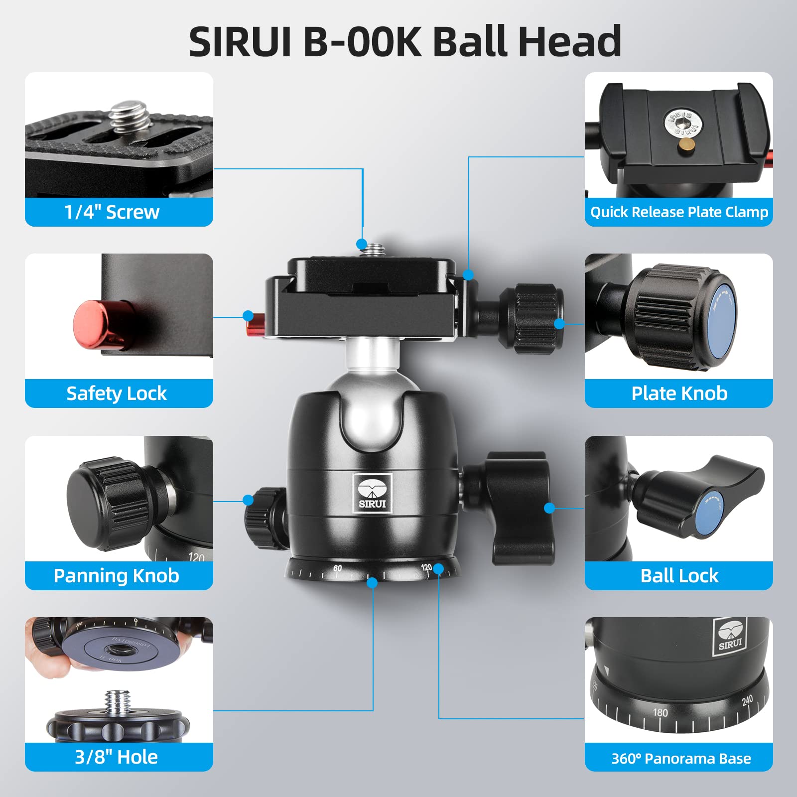 Sirui Camera Tripod Ball Head, 10Kg/22.05Lbs Loading Capacity, 360�Panning Base, Aluminum Build Quality, Safety Lock, Universal Mounting Plate For Easy Attachment (B 00K Ball Head)