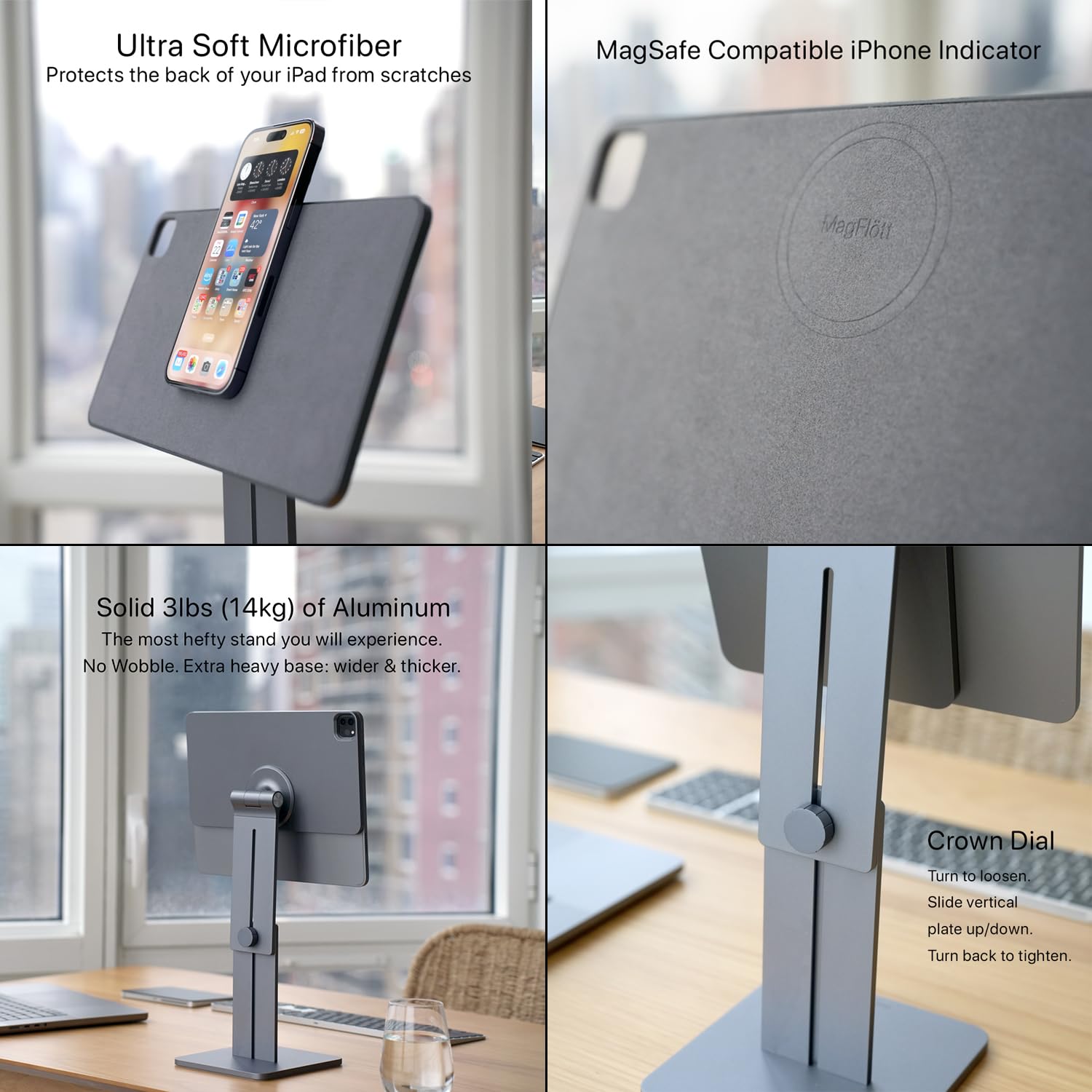 Tallest Height Adjustable Magnetic Stand For Ipad Pro 11, Ipad Air 11' M2 (2024), Ipad Air 10.9, Ipad 10Th Gen, 17.5' Max Height, Stand For Iphone W/Magsafe, Usb C Curved Cable, Magflott Pro 11/10.9