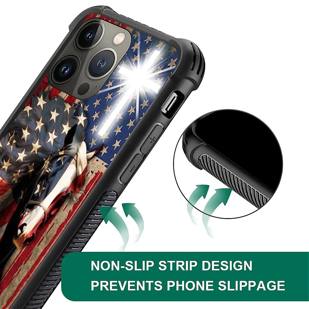 Fkbrcl4U For Iphone 13 Pro Case, Red American Flag Horse Cross Pattern Graphic Design Girl Boy Soft Silicone Hard Acrylic Shock