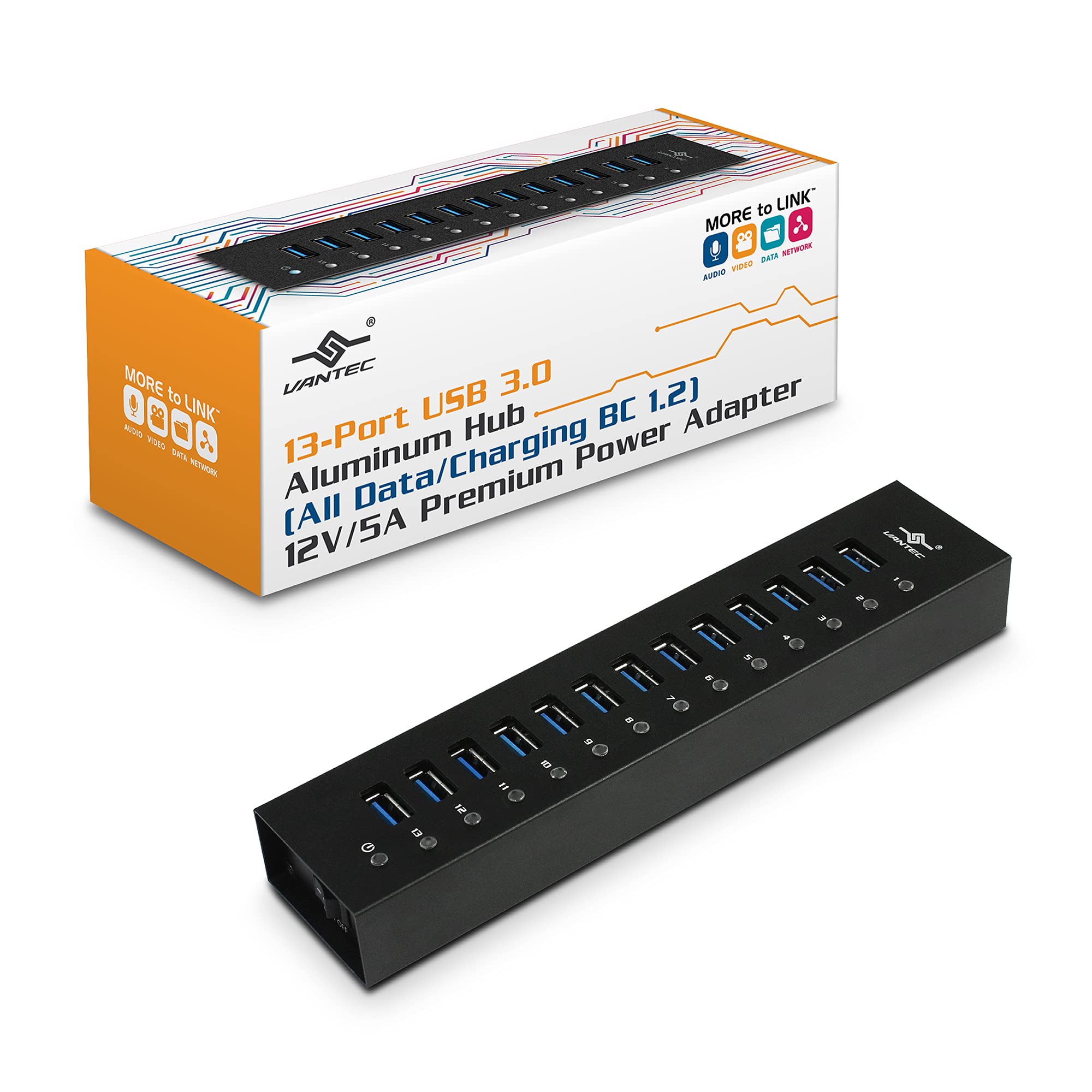 13Port USB 3.0 Aluminum Hub (All Data/Charging BC 1.2), 12V/5A Premium Power Adapter (UGTAH131U3BK)