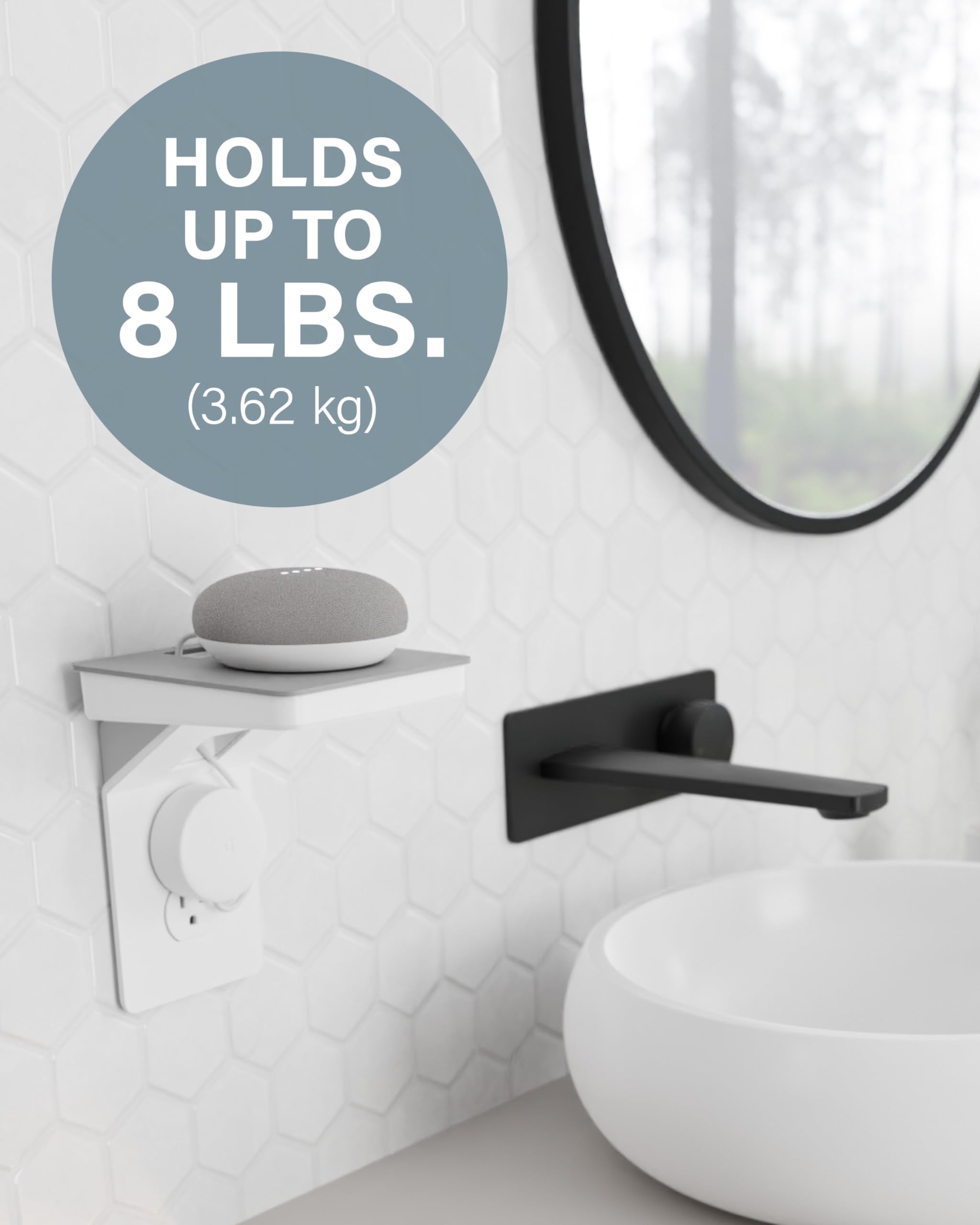 Sanus Made For Google Small Device Outlet Shelf In White & Fog Grey   Holds Small Electronics Up To 8Lbs W/Built In Cord Storage