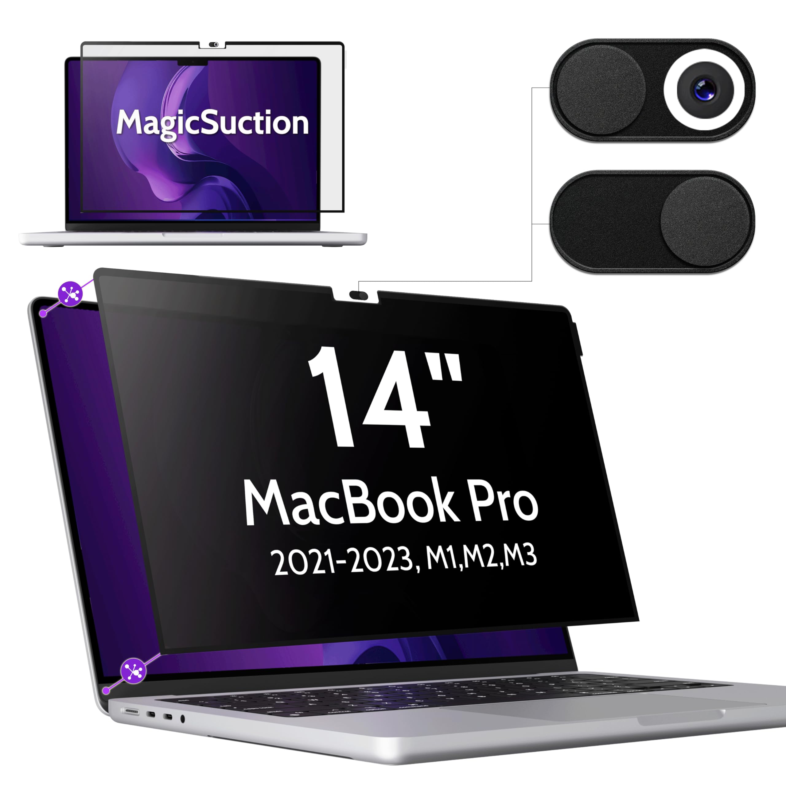 Peslv Privacy Screen For Macbook Pro 14 Inch (2021 2023, M1, M2, M3)   A2918 A2992 A2442 A2779, Magicsuction Removable Anti Spy 