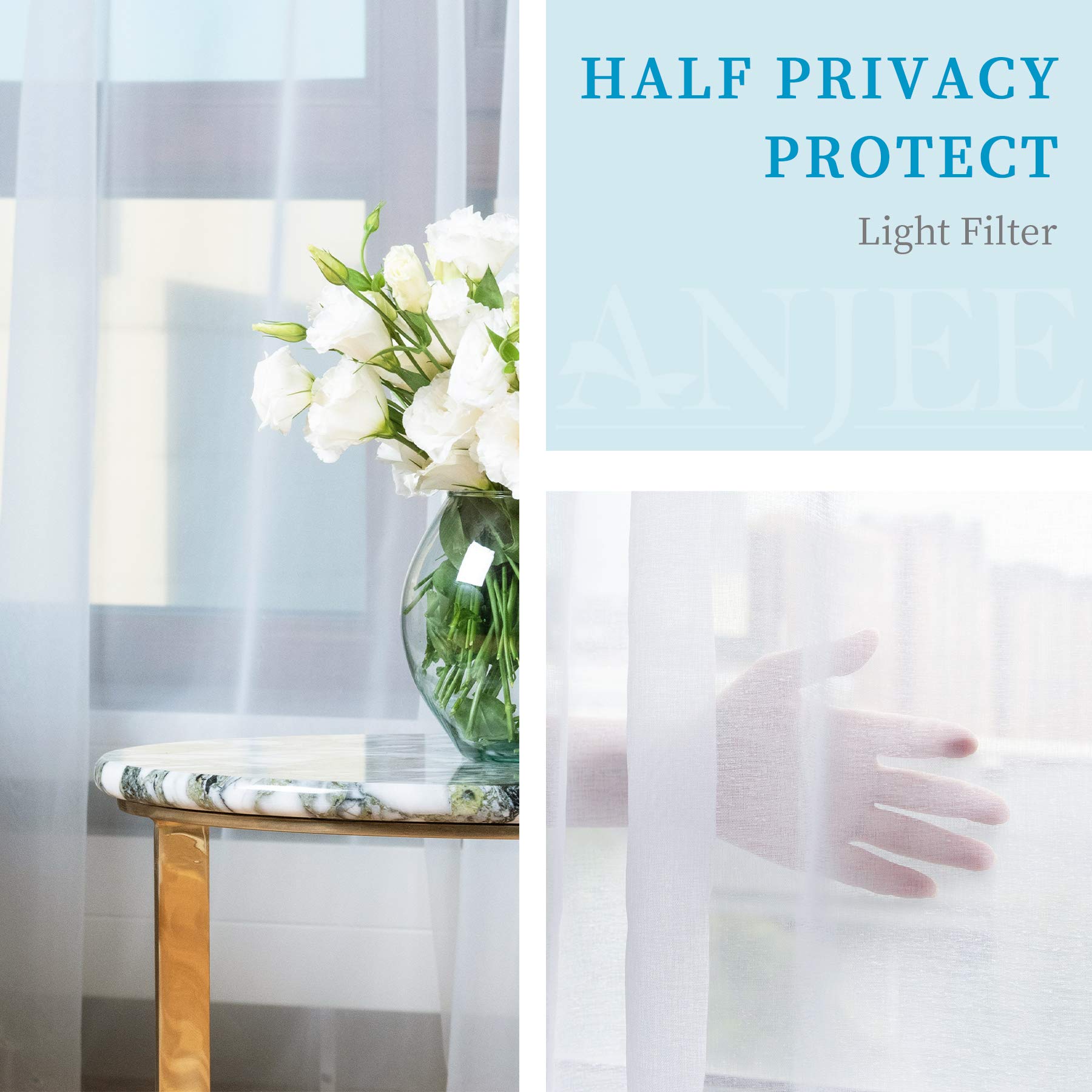 Anjee 4 Panels White Sheer Curtains 108 Inches Long Rod Pocket Semi Sheer Curtain Translucency Balance Privacy Voile Window Drap