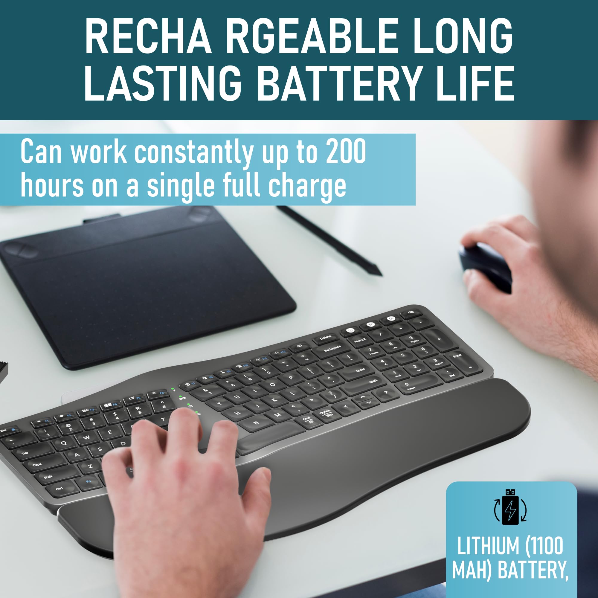 Rock&Rown Ergonomic Keyboard Wireless With Cushioned Wrist Rest, Bluetooth And 2.4G Usb Wireless, Rechargeable Split Ergonomic K