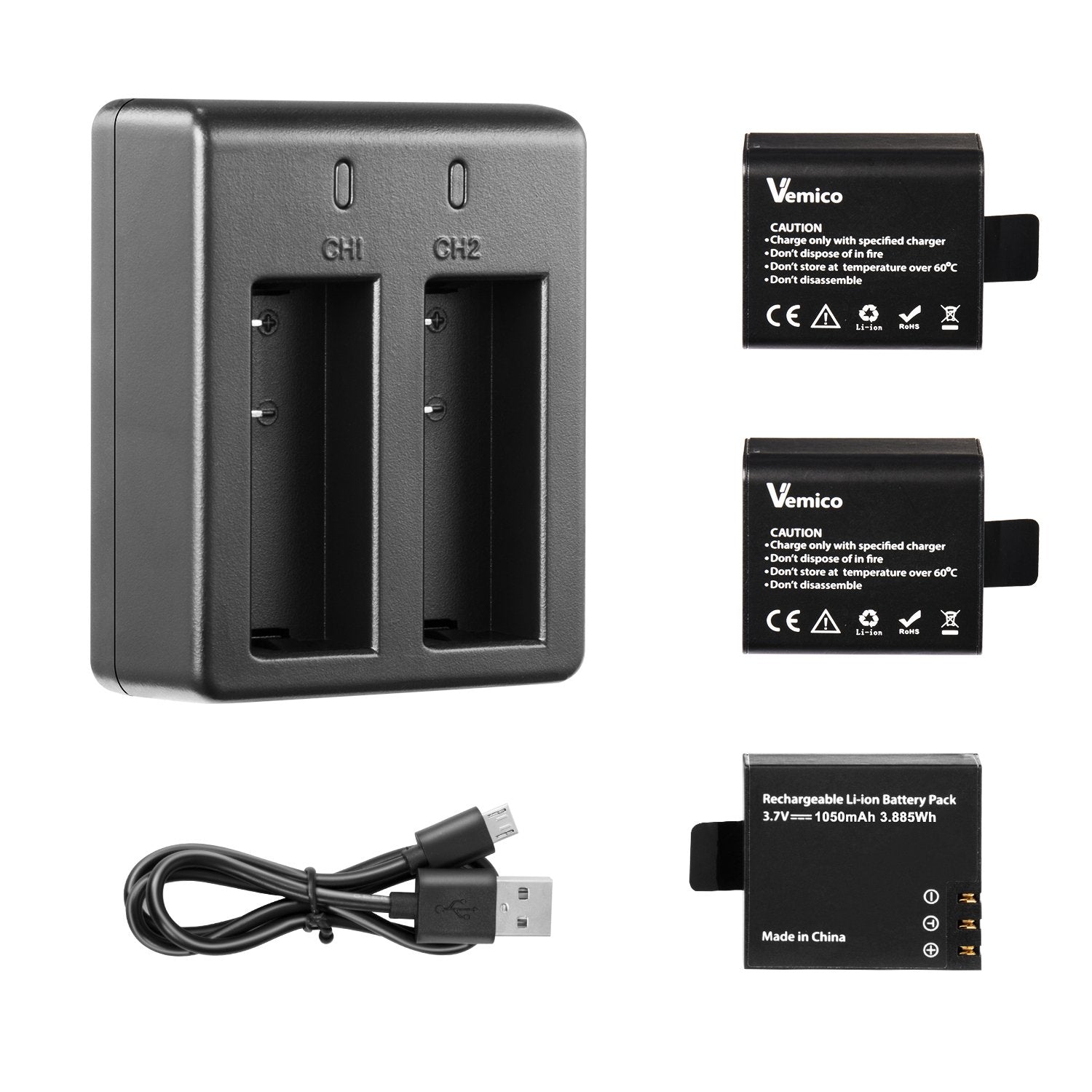 Action Camera Battery, Vemico 3X1050Mah Battery Rechargeable Pg1050 Battery For Akaso/Campark/Apeman/Dbpower/Wimius/Akaso Ek7000