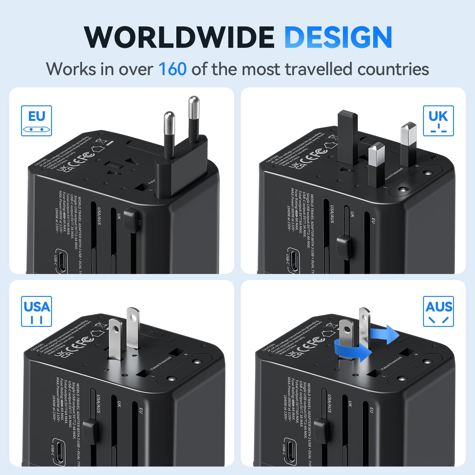 International Power Plug Adapter, Unidapt Universal Travel Adapter With 3 Usb C And 2 Usb A Ports, European Worldwide Wall Charg